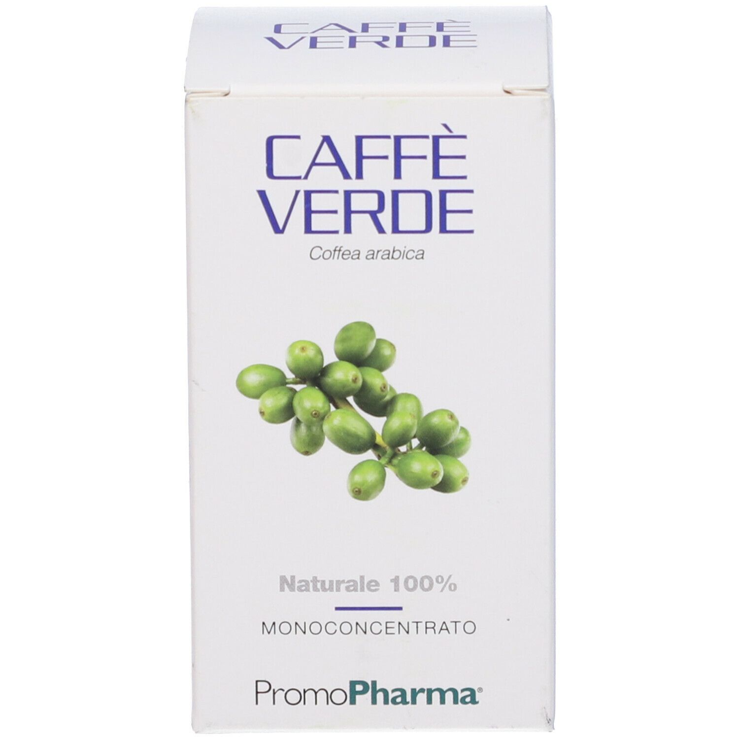 Scatola bianca con testo: CAFFÈ VERDE, Coffea arabica, Naturale 100%, Monoconcentrato, Promo Pharma. Immagine di chicchi di caffè verde.