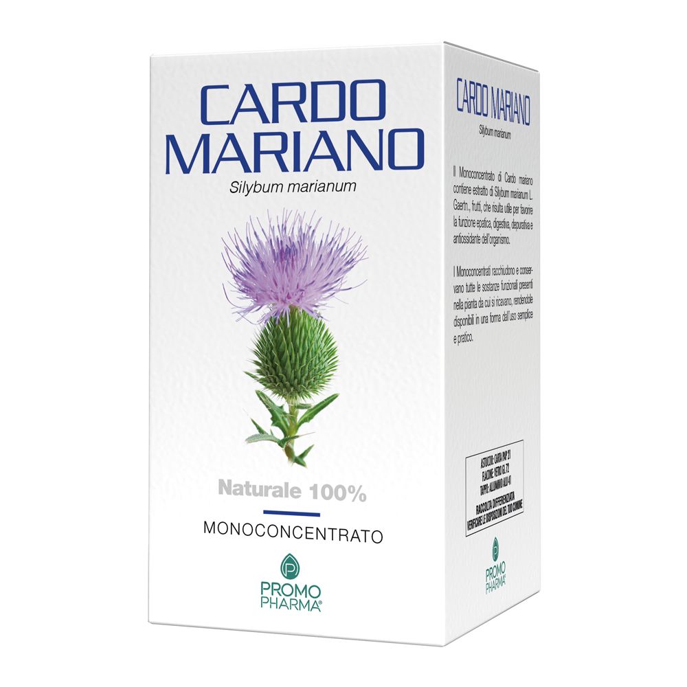 Scatola bianca con scritta Cardo Mariano, fiore di cardo viola, foglie verdi. Marchio PromoPharma.
