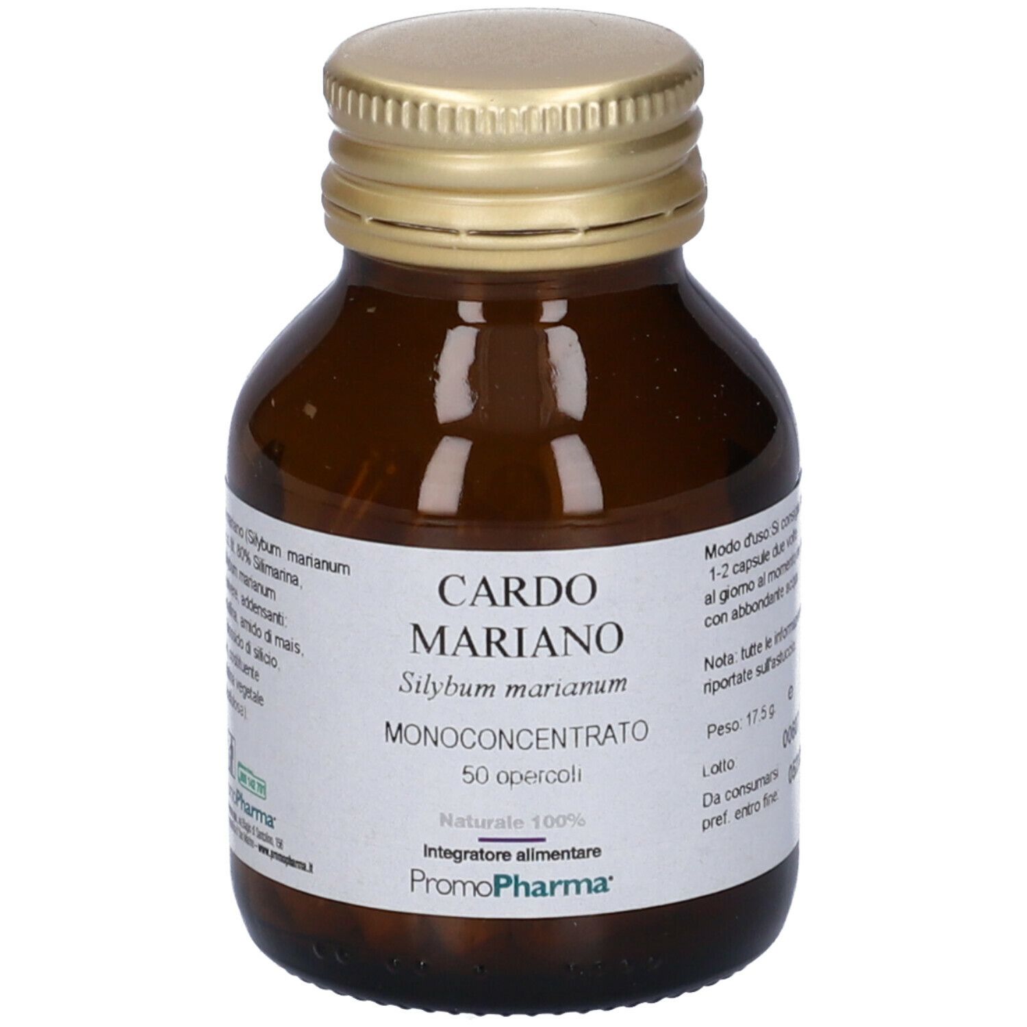 Flacone di vetro marrone con tappo dorato. Scritta Cardo Mariano, 50 capsule. Marchio PromoPharma.