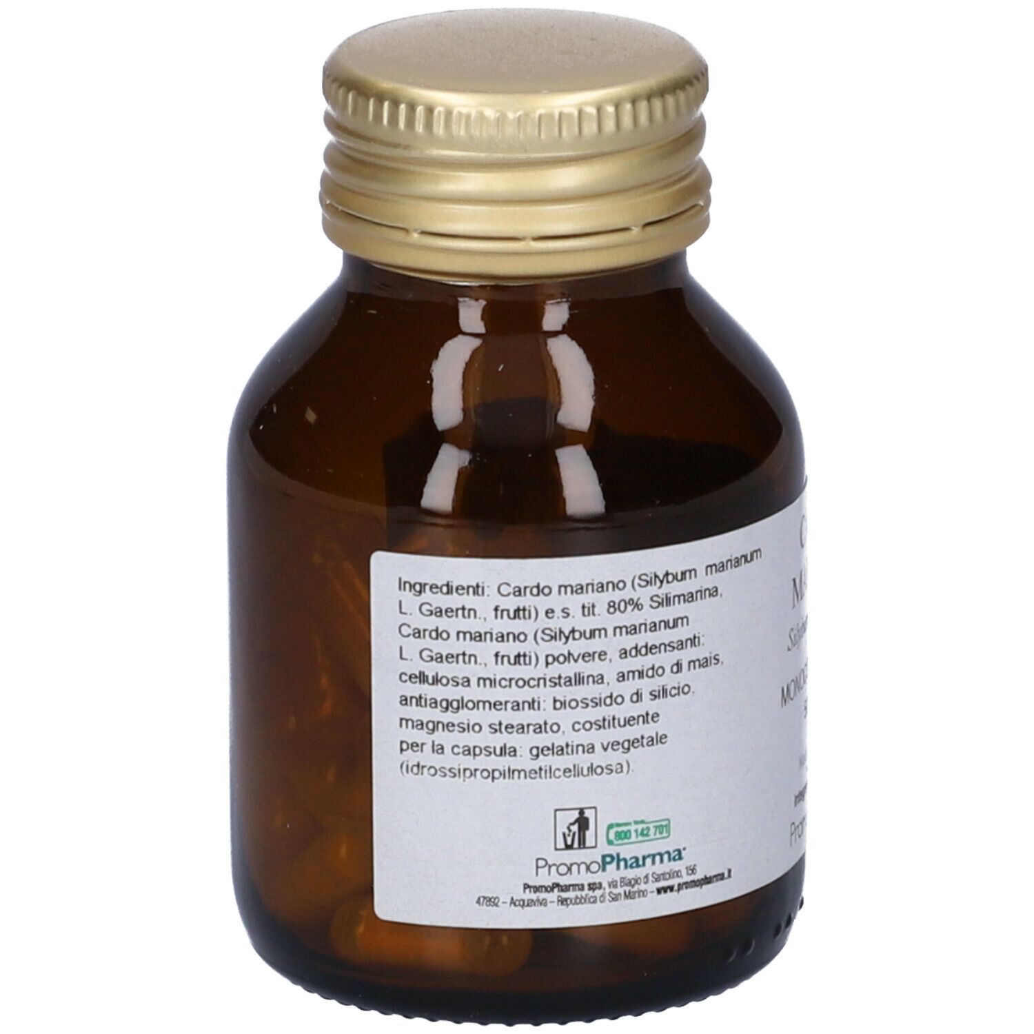 Flacone di vetro marrone con tappo dorato. Etichetta con ingredienti: Cardo Mariano, magnesio stearato.