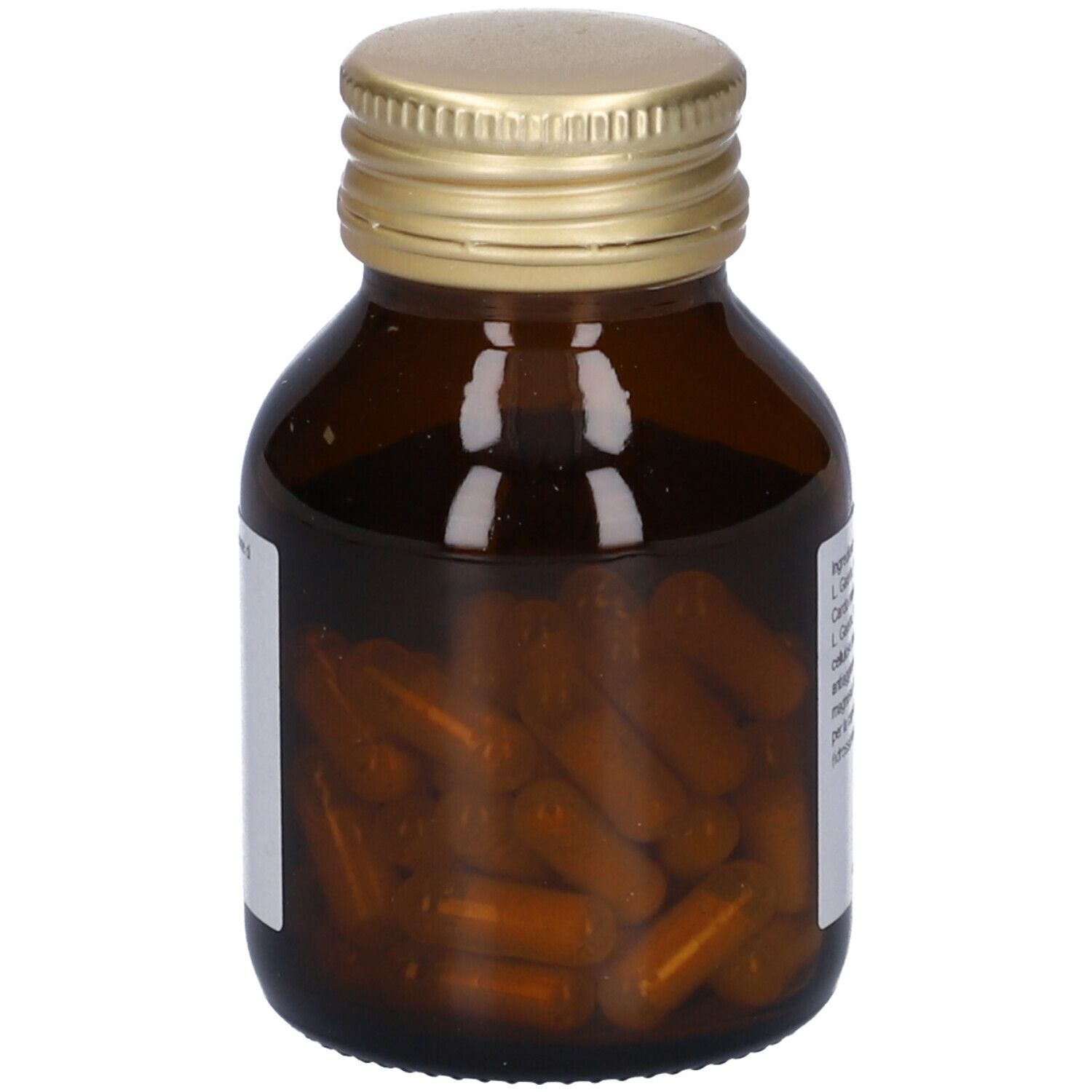 Flacone di vetro marrone con tappo dorato. Capsule visibili. Etichetta con ingredienti.
