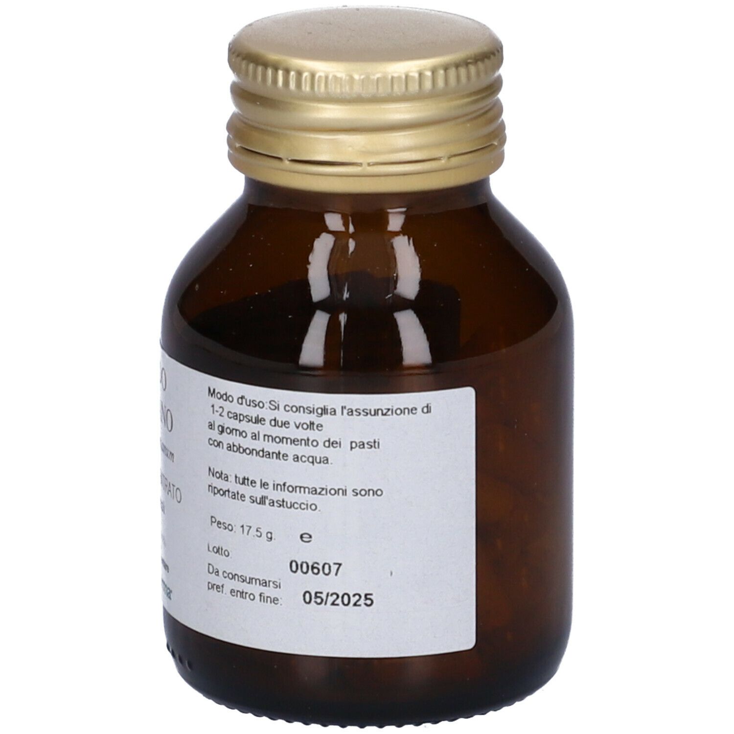 Flacone di vetro marrone con tappo dorato. Etichetta con scadenza 05/2025 e peso 17,5 g.
