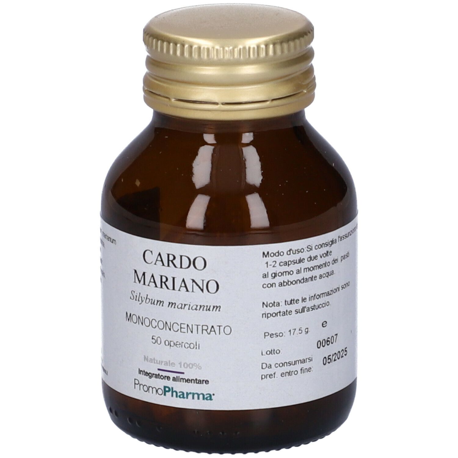 Flacone di vetro marrone con tappo dorato. Scritta Cardo Mariano, 50 capsule. Marchio PromoPharma.
