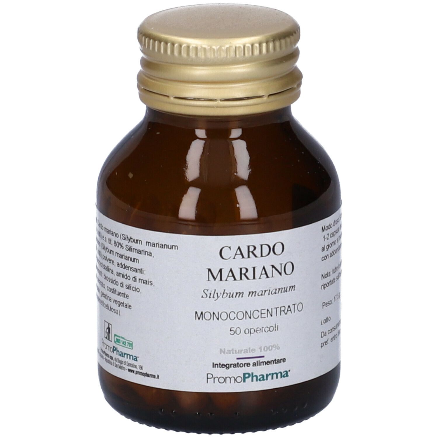 Flacone di vetro marrone con tappo dorato. Scritta Cardo Mariano, 50 capsule. Marchio PromoPharma.