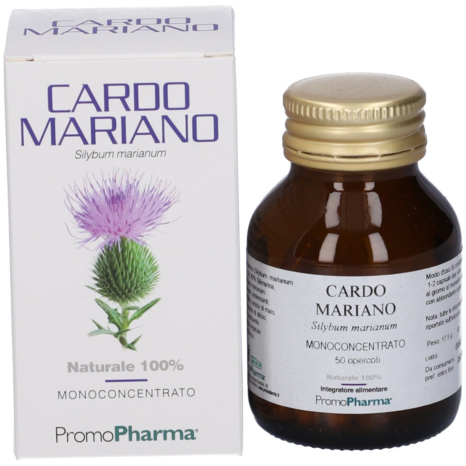 Flacone di vetro marrone e scatola. Scritta Cardo Mariano, 50 capsule. Marchio PromoPharma. Fiore di cardo.