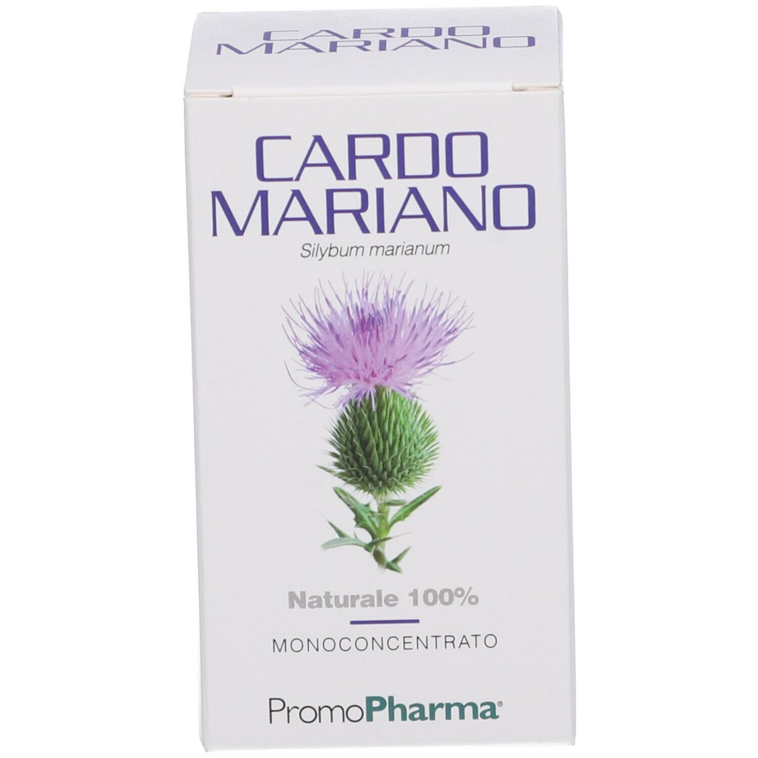 Scatola bianca con scritta Cardo Mariano, fiore di cardo viola, foglie verdi. Marchio PromoPharma.