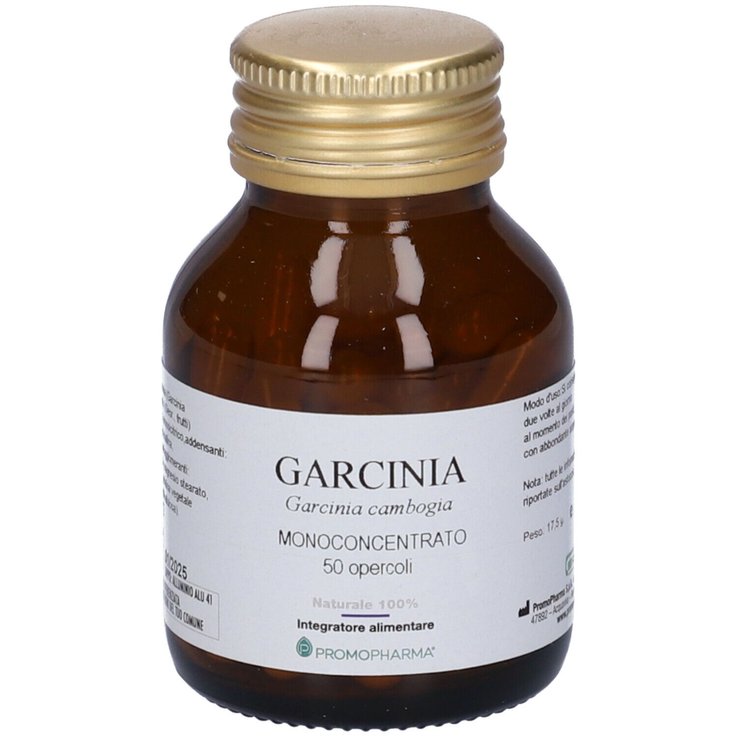 Flacone di vetro marrone con tappo dorato. Etichetta con informazioni sul prodotto. Garcinia cambogia, 50 capsule.