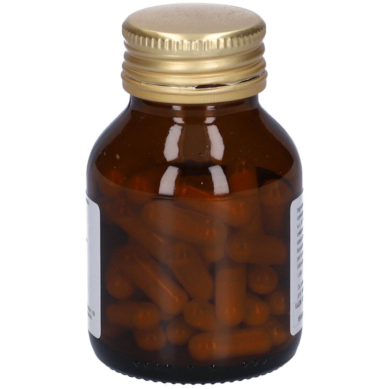 Flacone di vetro marrone con tappo dorato. Capsule visibili. Garcinia cambogia.