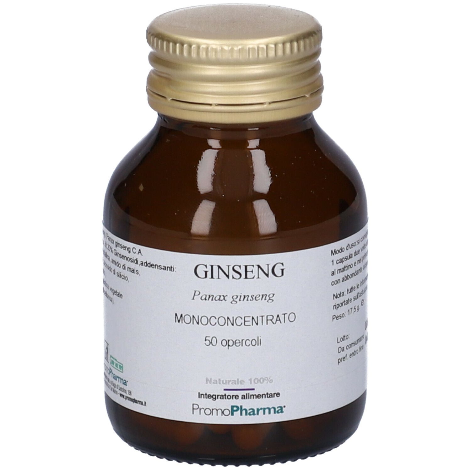 Flacone di vetro marrone con tappo dorato. L'etichetta riporta "GINSENG" e "50 opercoli". Marchio: PromoPharma.