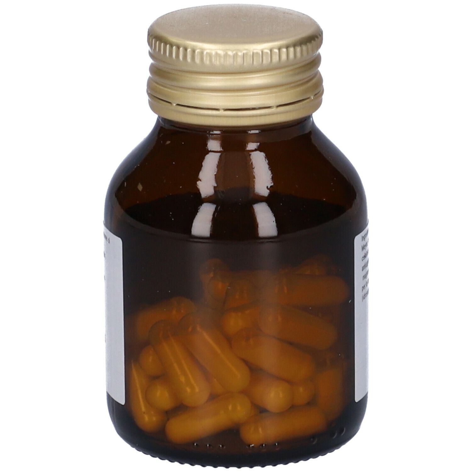 Flacone di vetro marrone con tappo dorato, pieno di capsule marroni. Marchio: PromoPharma.