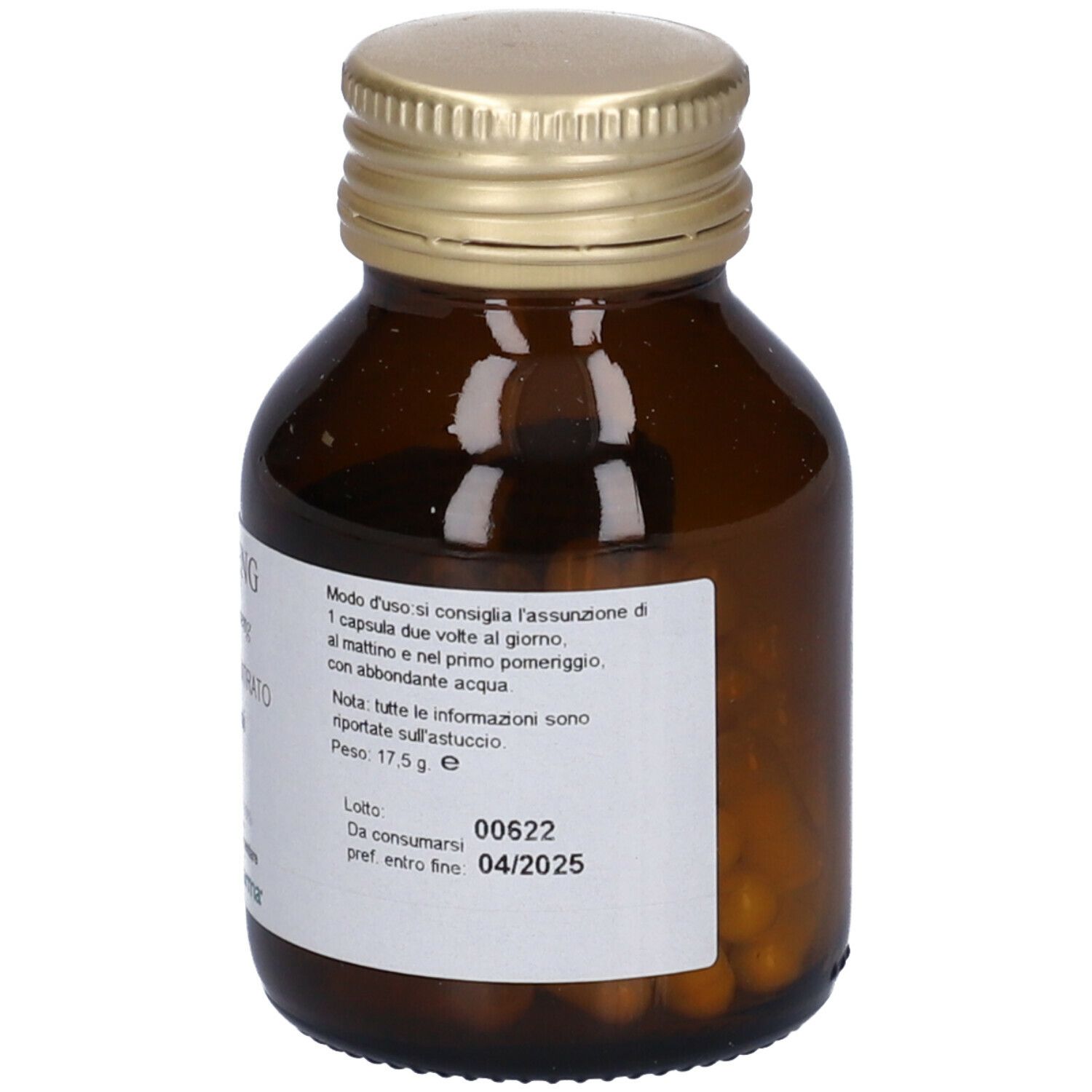 Flacone di vetro marrone con tappo dorato. Etichetta con "GINSENG". Marchio: PromoPharma. Scadenza: 04/2025.