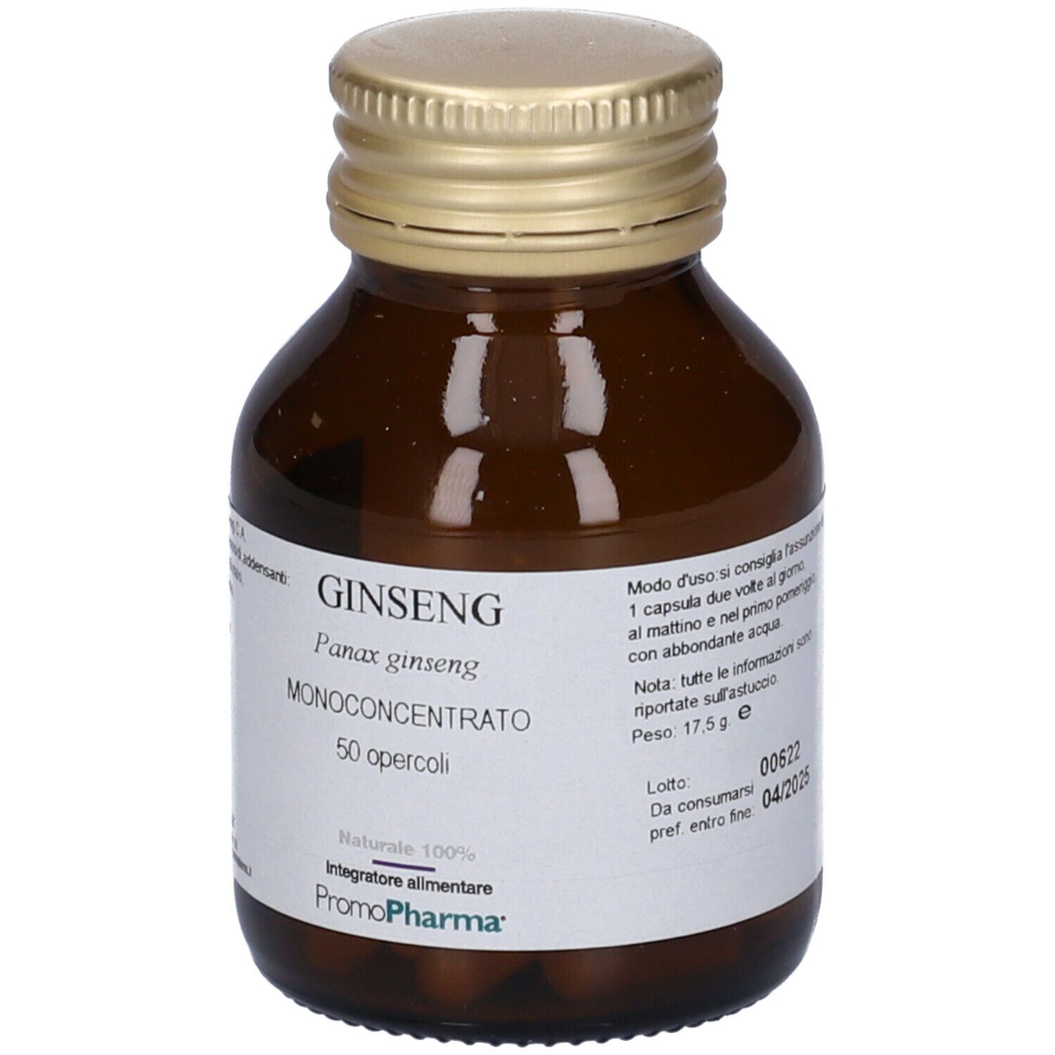 Flacone di vetro marrone con tappo dorato. Etichetta con "GINSENG" e "50 opercoli". Marchio: PromoPharma.