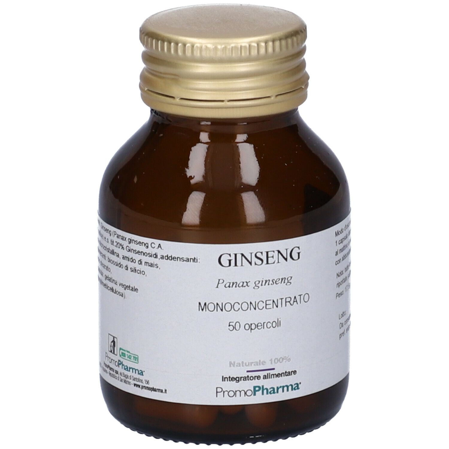 Flacone di vetro marrone con tappo dorato. Etichetta con "GINSENG" e "50 opercoli". Marchio: PromoPharma.