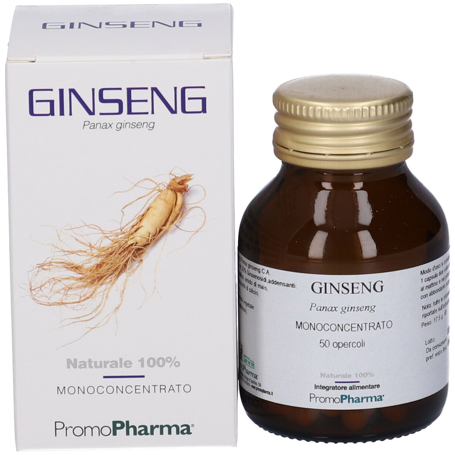 Flacone marrone con tappo dorato e scatola. "GINSENG" sul flacone. Marchio: PromoPharma. Scatola con radice di ginseng.