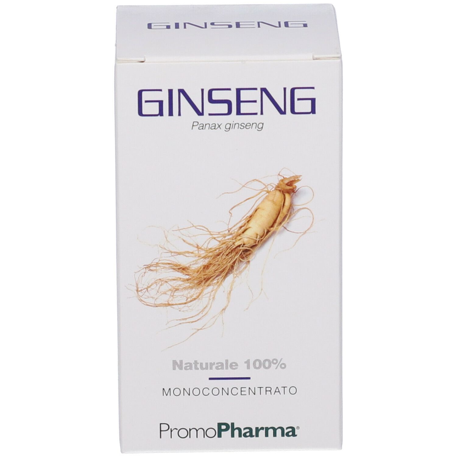Scatola bianca con "GINSENG". Marchio: PromoPharma. Illustrazione di una radice di ginseng.