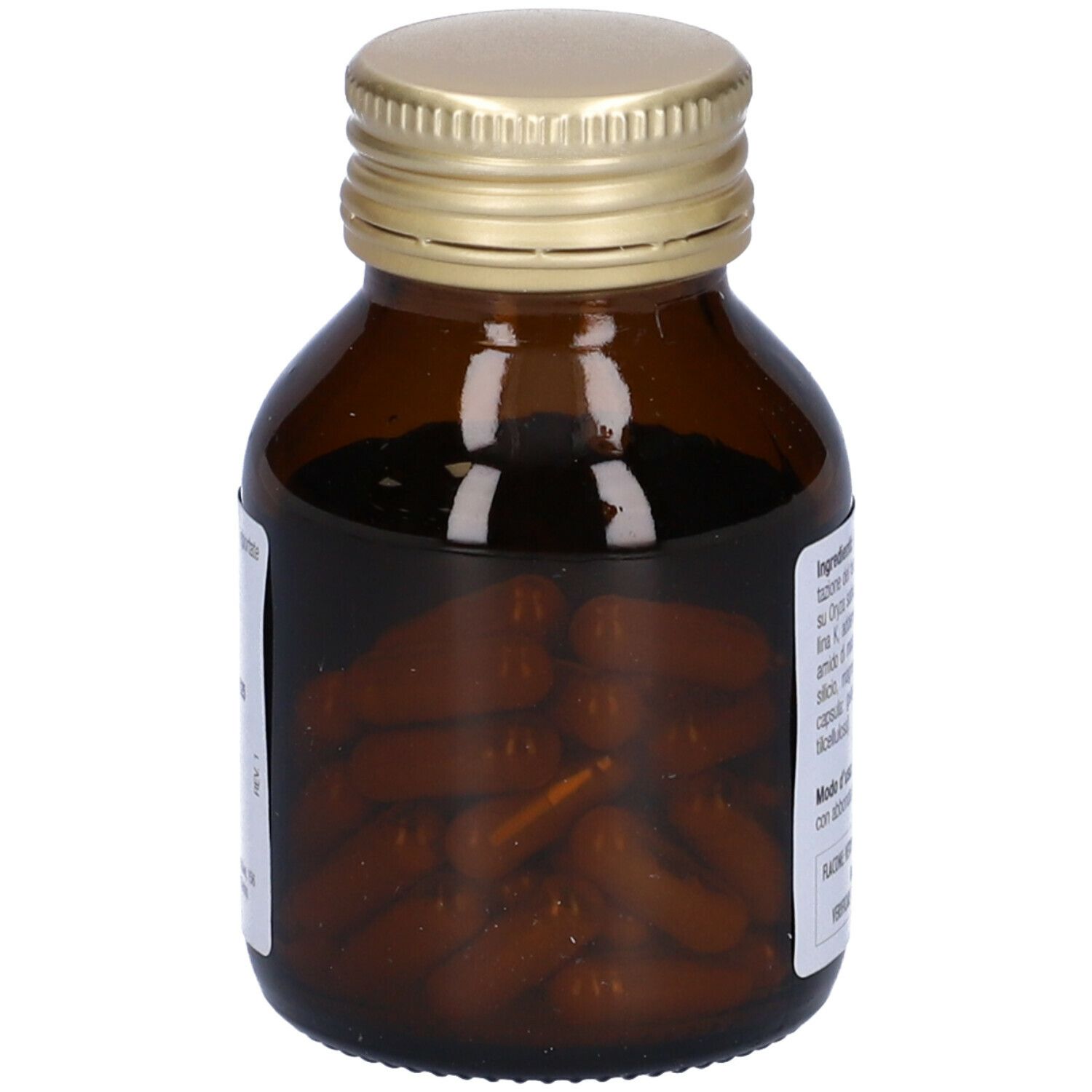 Flacone di vetro marrone con tappo dorato, pieno di capsule marroni. Scritta: Riso Rosso Fermentato.