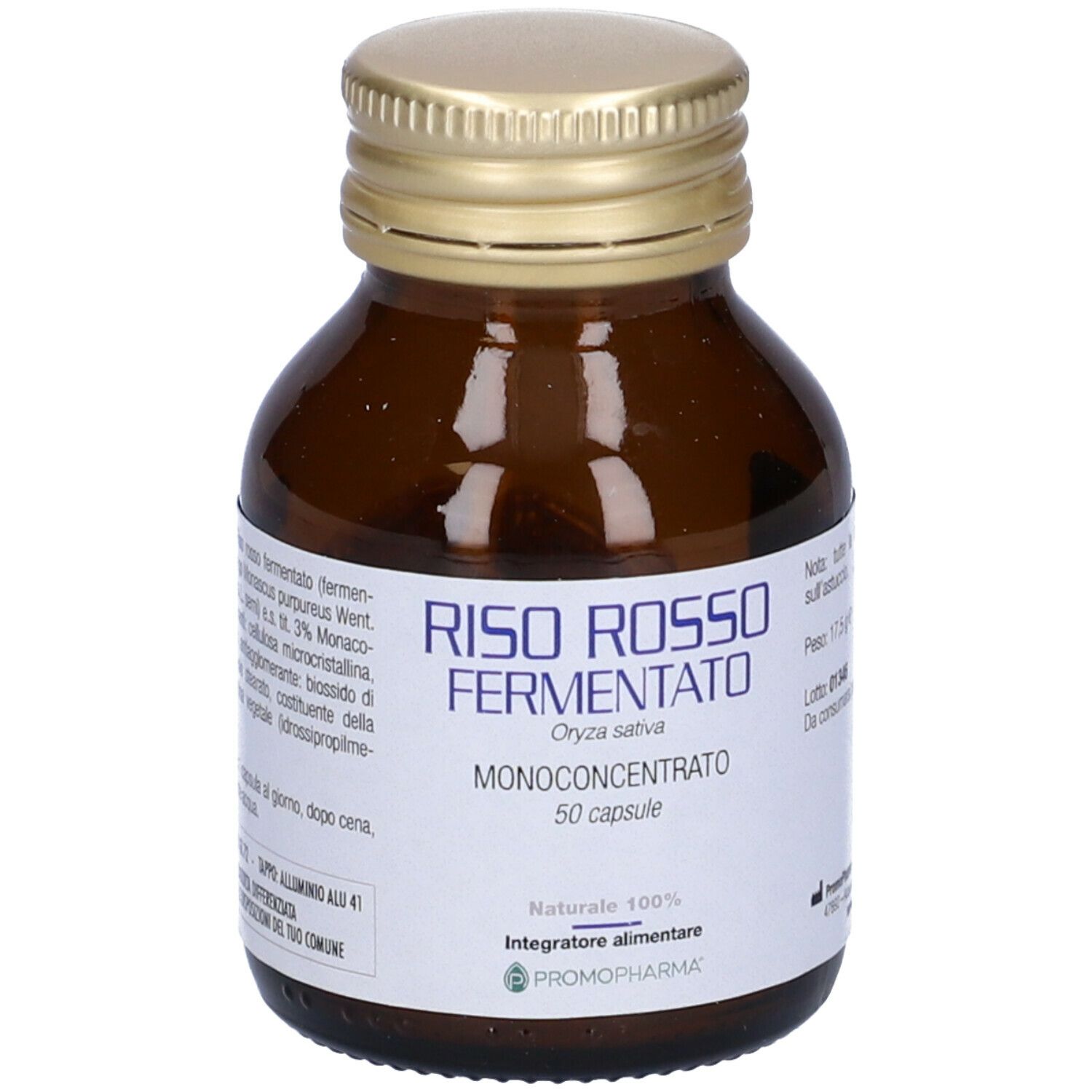 Flacone di vetro marrone con tappo dorato. Scritta: Riso Rosso Fermentato, Monoconcentrato, 50 capsule. Marchio: PromoPharma.