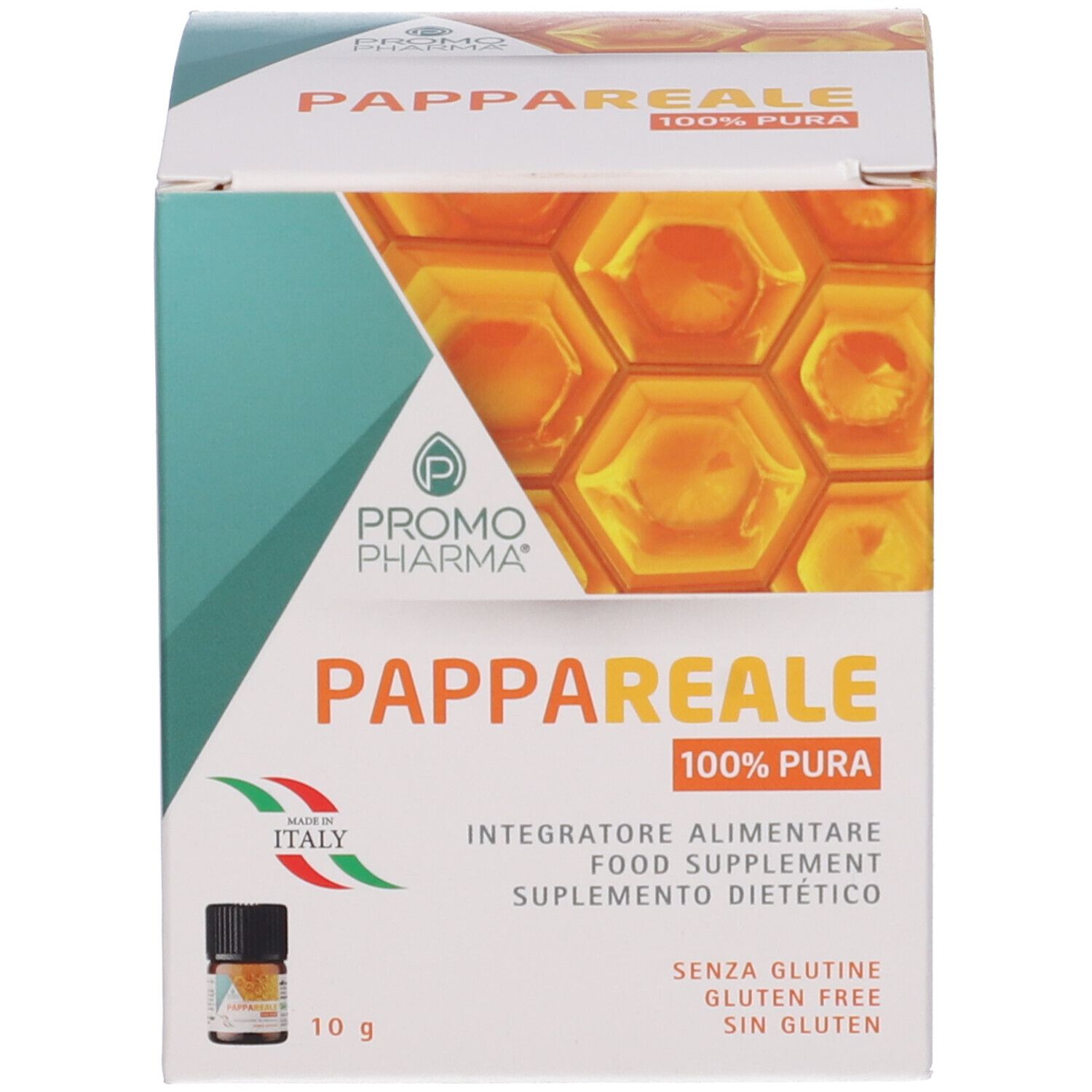 Confezione del prodotto. Scatola con nome e logo. Grafica a nido d'ape. Testo in più lingue.