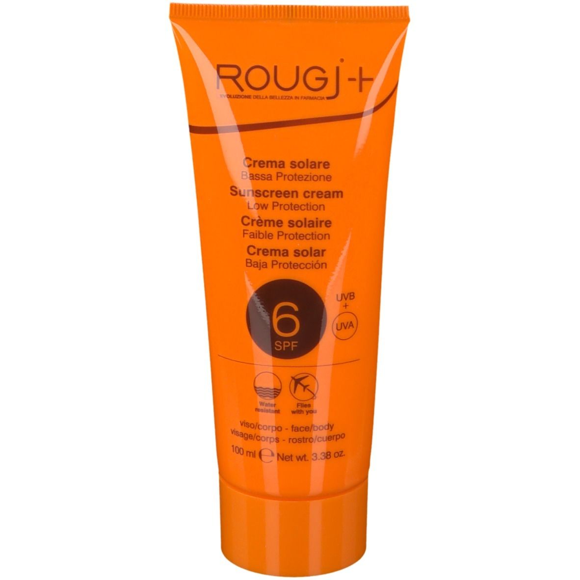 Tube orange de crème solaire. Texte: ROUGJ+, crème solaire SPF 6. Texte multilingue. Logo UVB+UVA. Visage/corps. 100 ml.