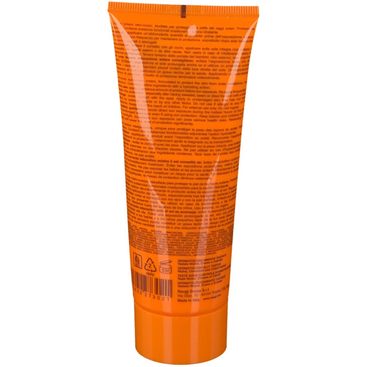 Dos d'un tube de crème solaire orange. Texte multilingue. Code-barres et symboles.