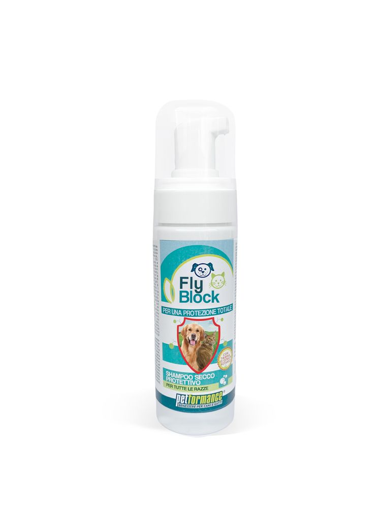 Flacone bianco con erogatore spray. Scritta Fly Block, immagine cane e gatto. Testo: Shampoo secco protettivo.