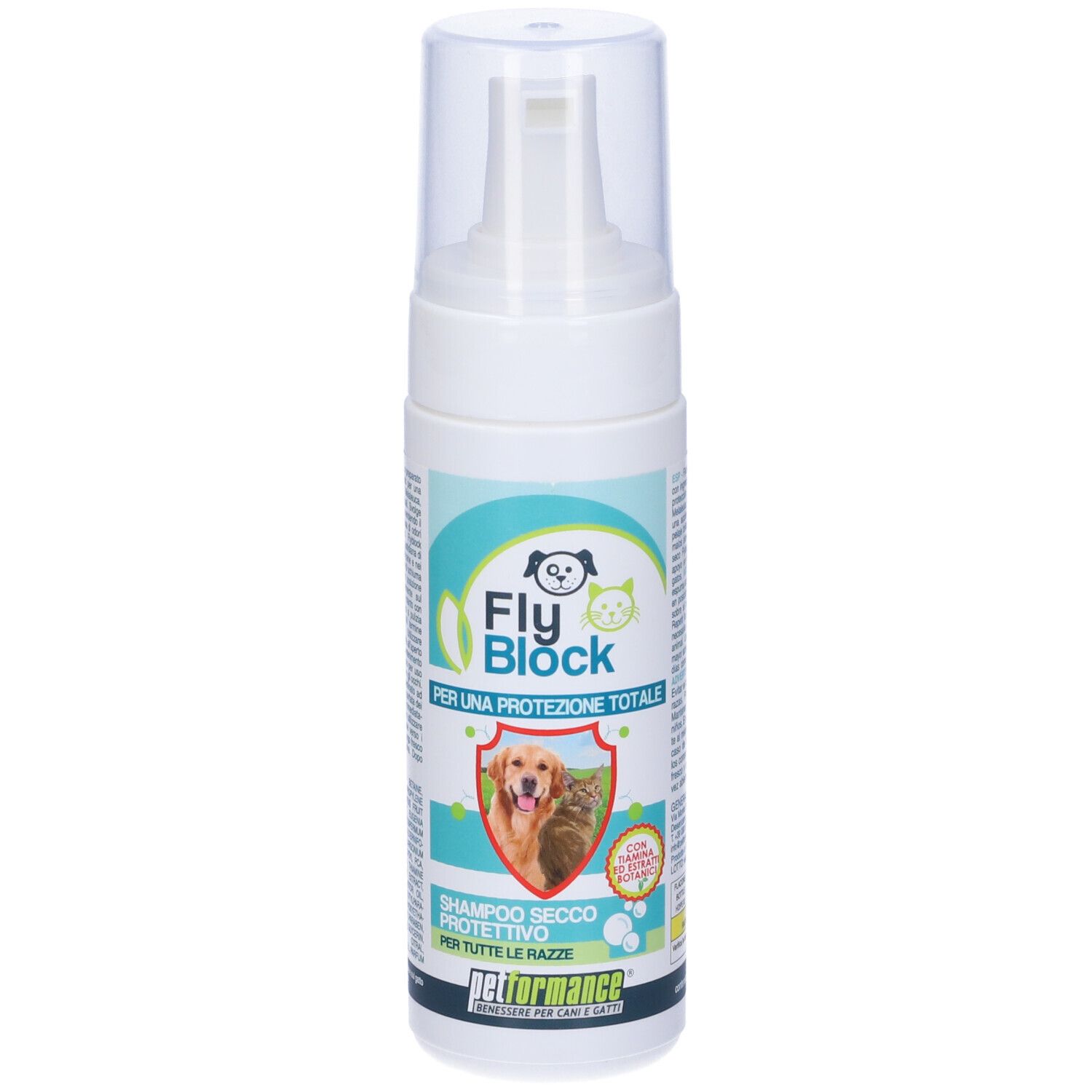 Flacone bianco con erogatore spray. Scritta Fly Block, immagine cane e gatto. Testo: Shampoo secco protettivo.