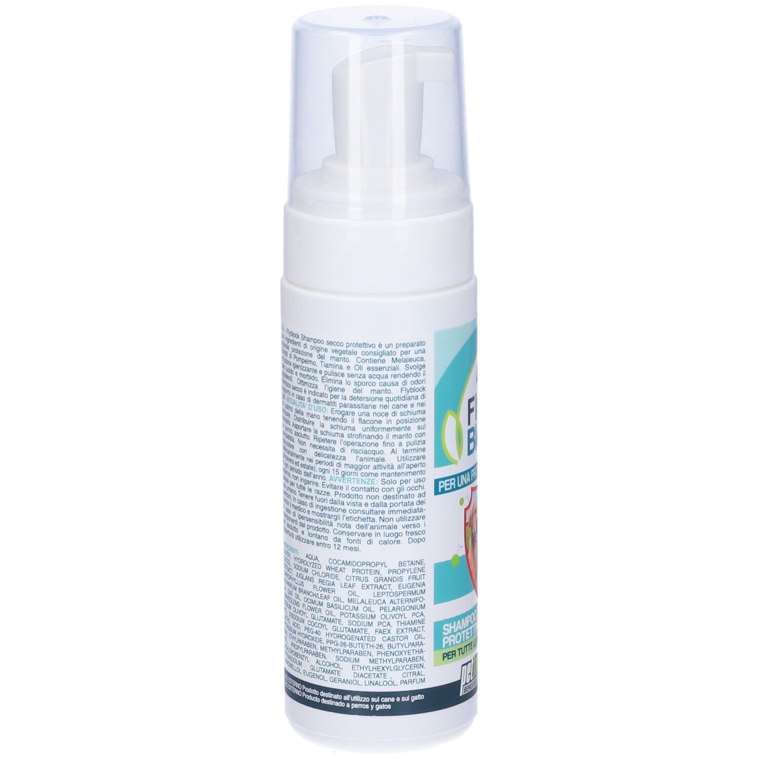Flacone bianco con erogatore spray. Scritta Fly Block, immagine cane e gatto. Testo: Shampoo secco protettivo.