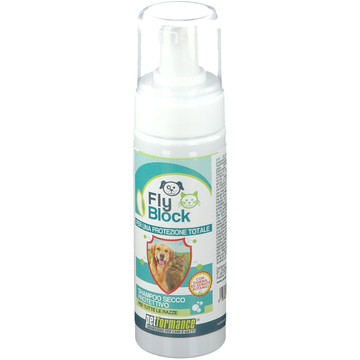Flacone bianco con erogatore spray. Scritta Fly Block, immagine cane e gatto. Testo: Shampoo secco protettivo.