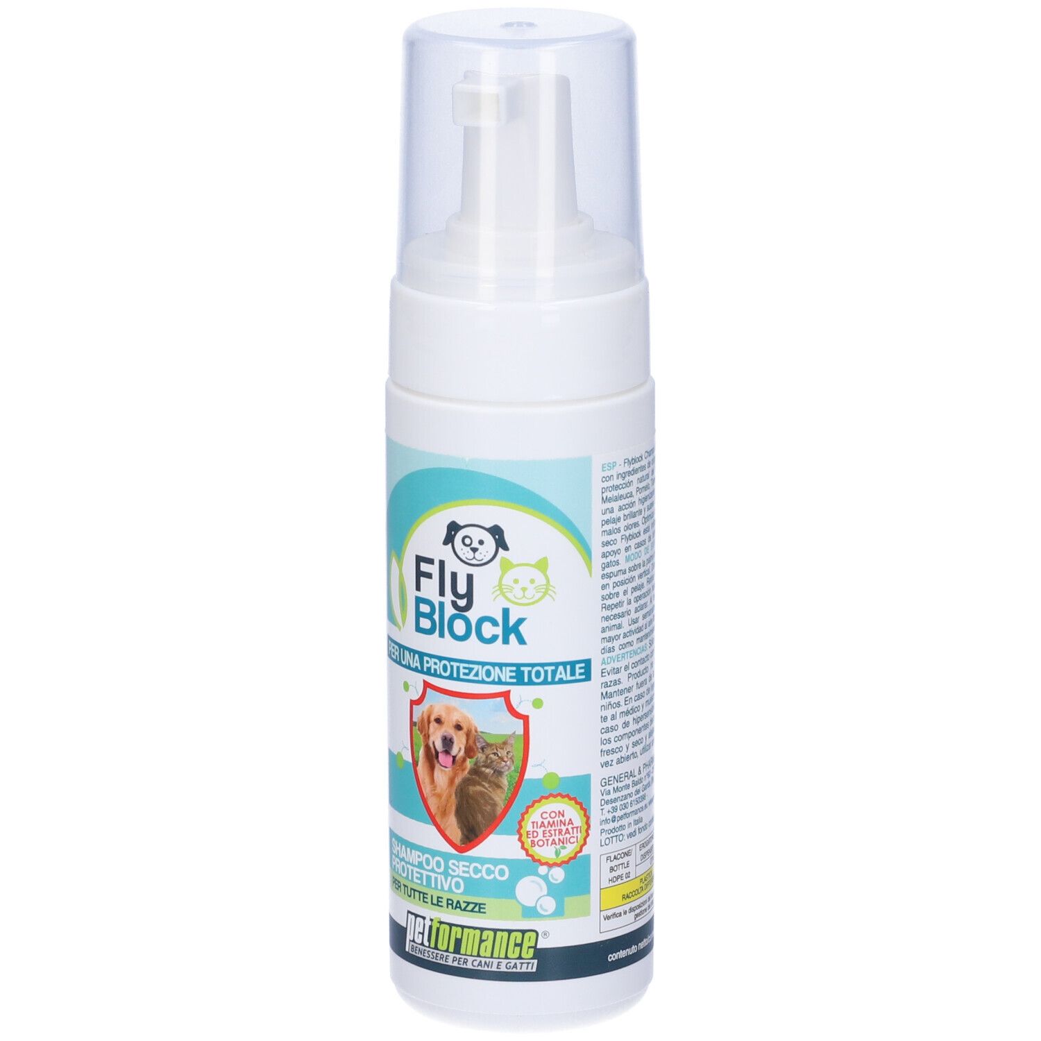 Flacone bianco con erogatore spray. Scritta Fly Block, immagine cane e gatto. Testo: Shampoo secco protettivo.