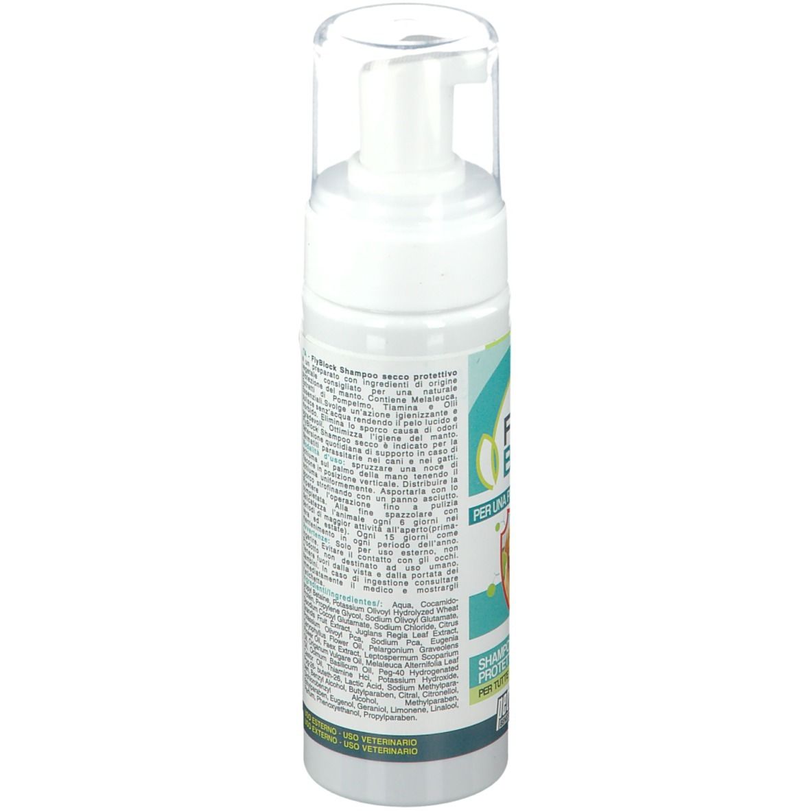 Flacone bianco con erogatore spray. Scritta Fly Block, immagine cane e gatto. Testo: Shampoo secco protettivo.