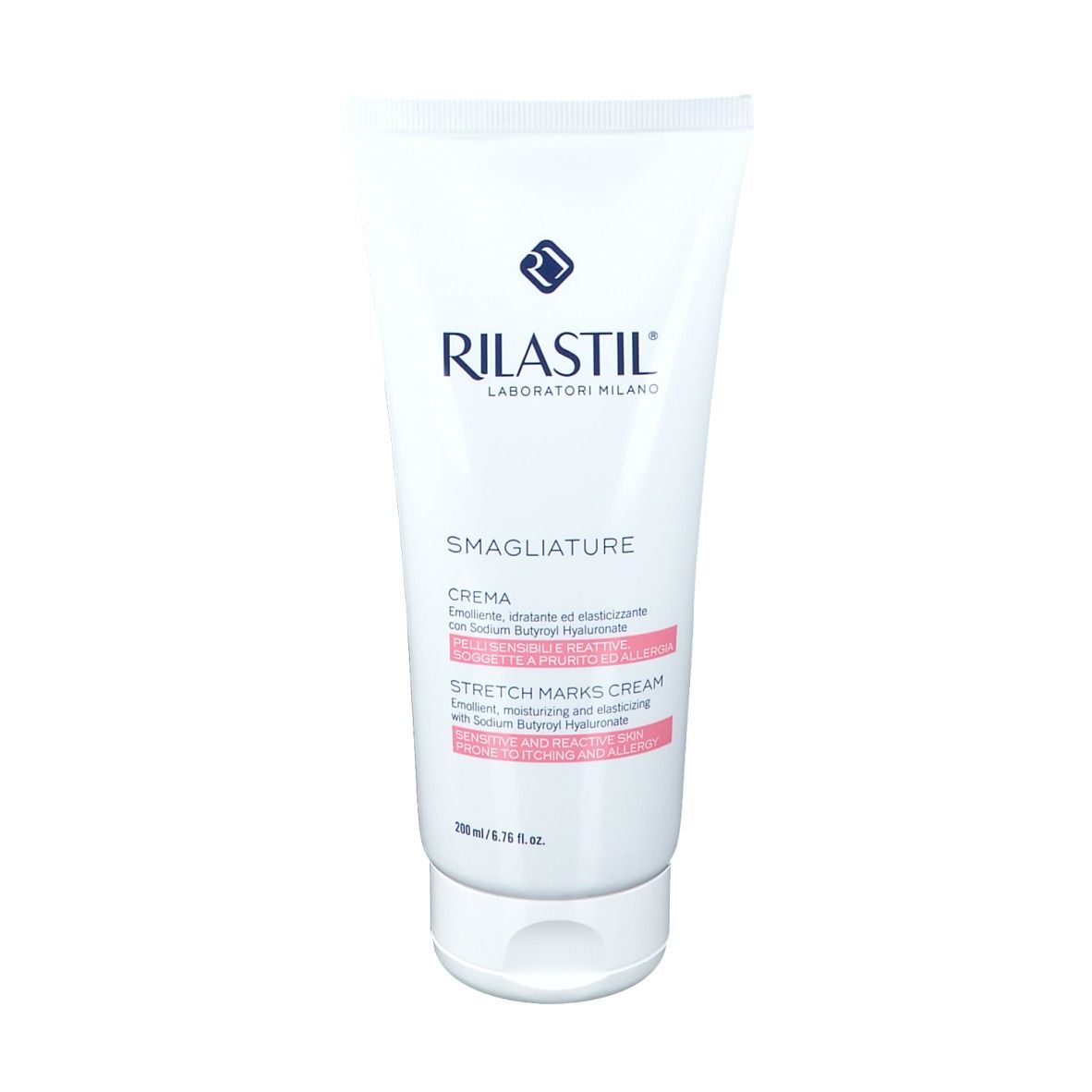 Weiße Tube mit RILASTIL® und SMAGLIATURE-Schriftzug. Creme gegen Dehnungsstreifen. Für empfindliche Haut.