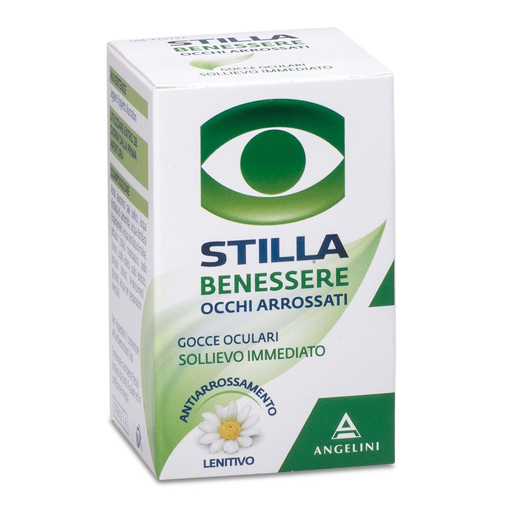 Scatola bianca con logo verde e testo: STILLA Benessere Occhi Arrossati. Gocce oculari. Marchio: Angelini.