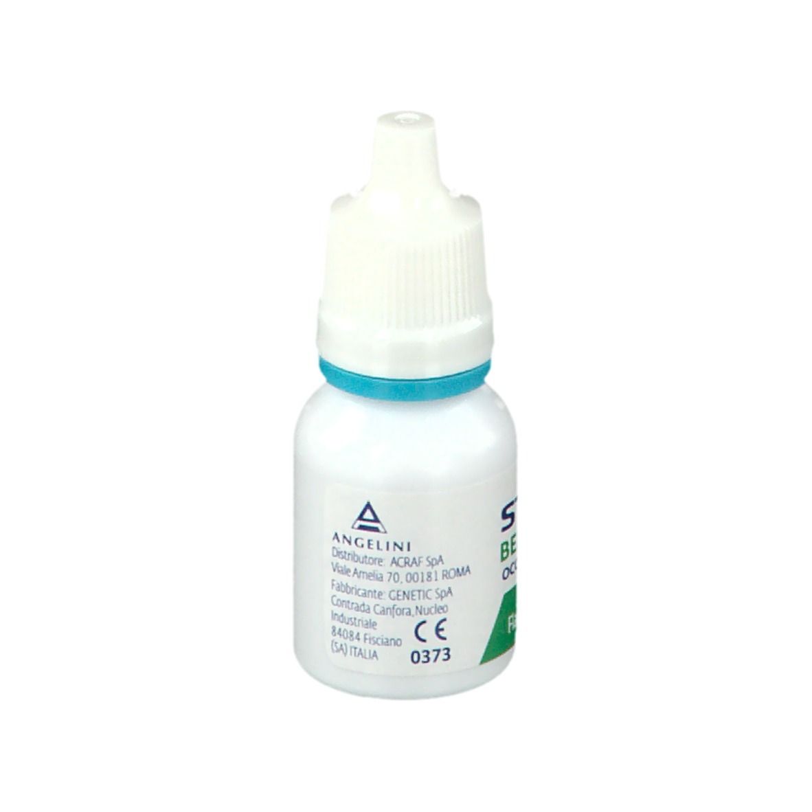 Piccolo flacone bianco con anello blu e tappo bianco. Testo: STILLA Benessere Occhi Arrossati. Informazioni produttore.