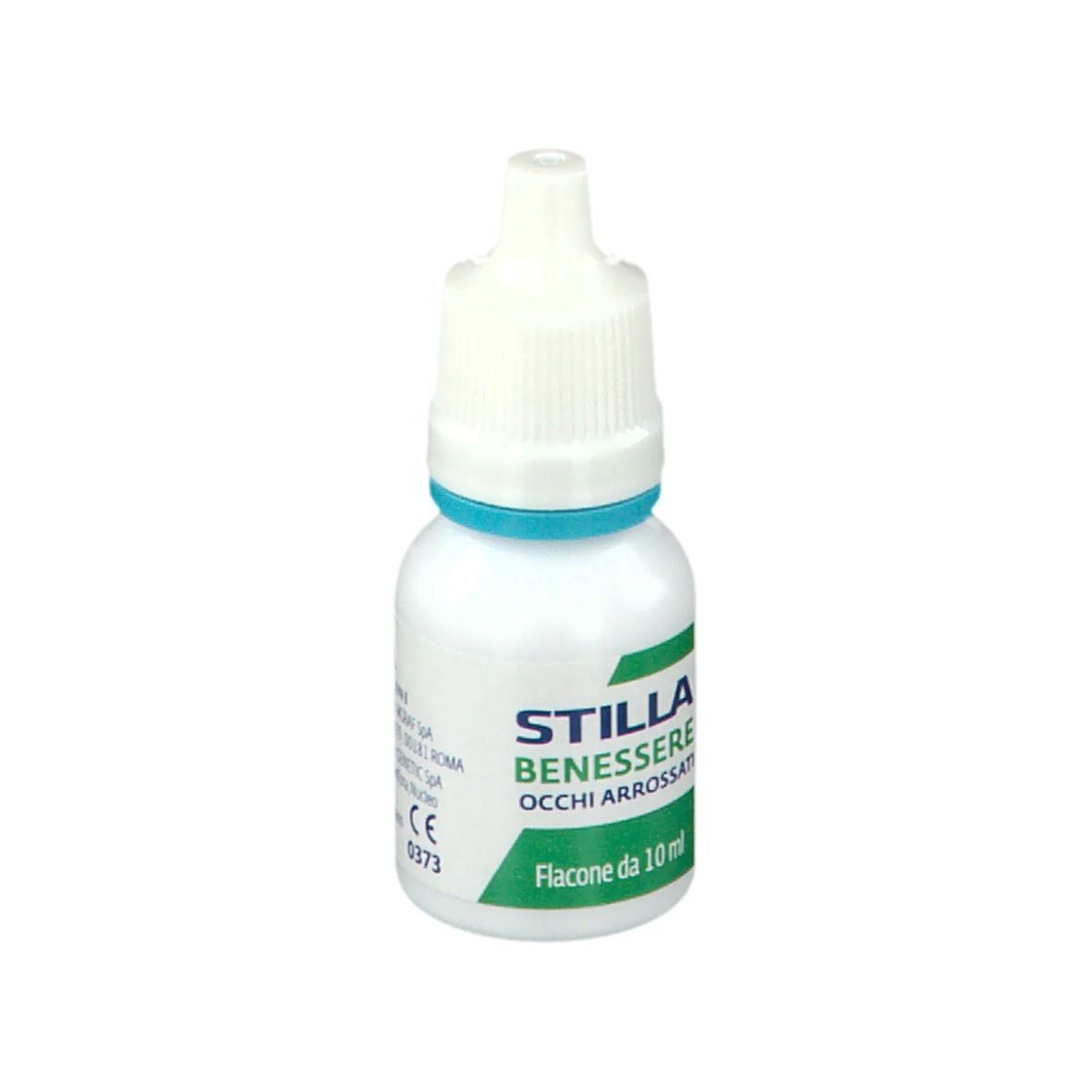 Piccolo flacone bianco con anello blu e tappo bianco. Testo: STILLA Benessere Occhi Arrossati. Flacone 10 ml.