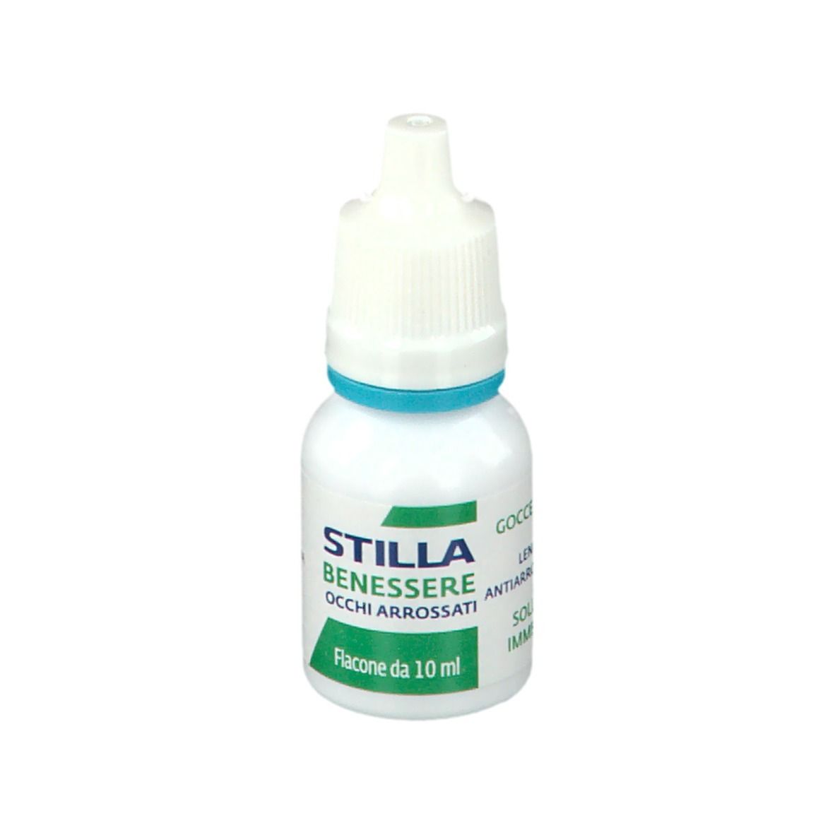 Piccolo flacone bianco con anello blu e tappo bianco. Testo: STILLA Benessere Occhi Arrossati. Flacone 10 ml.