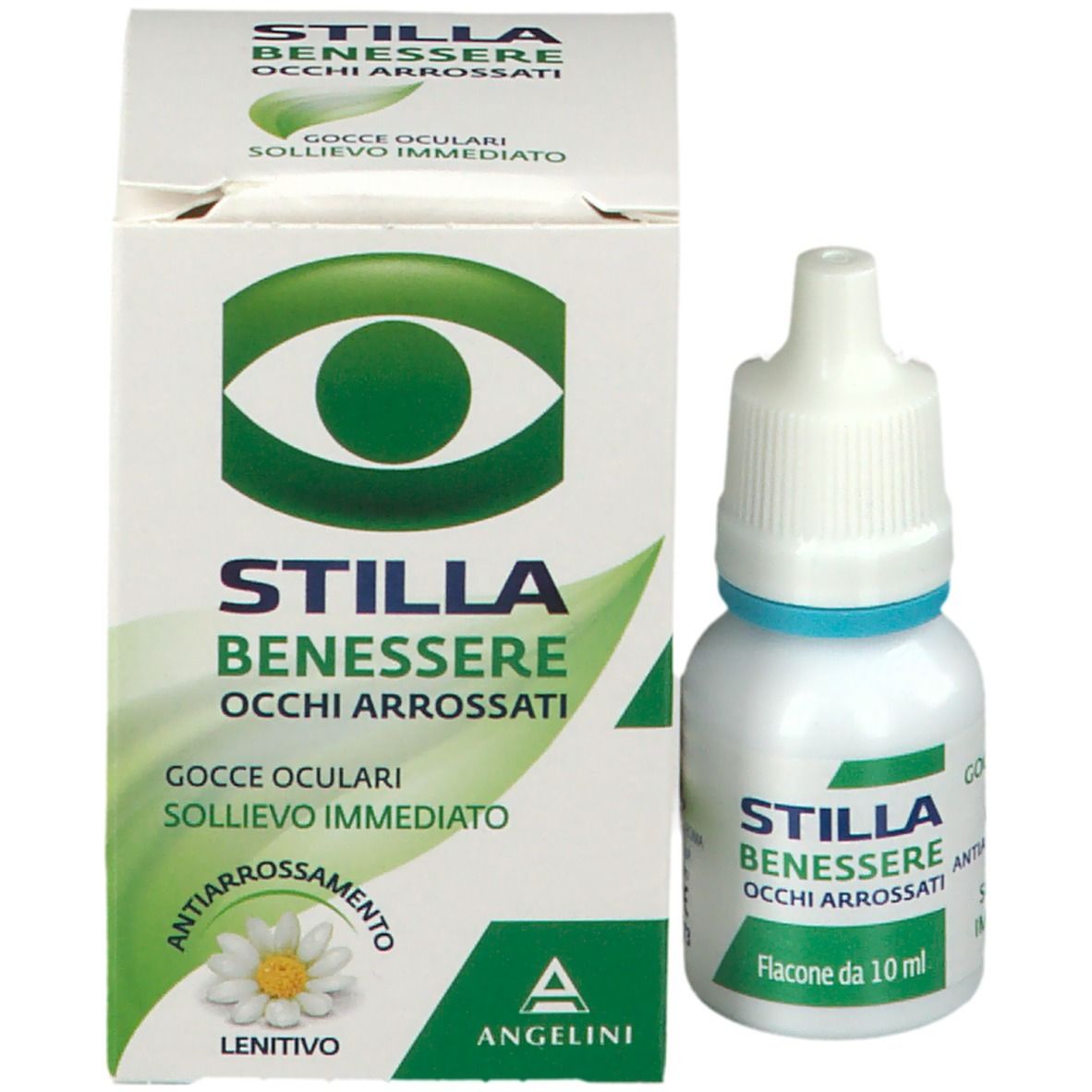 Confezione e flacone del prodotto. Scatola bianca e flacone con anello blu. Testo: STILLA Benessere Occhi Arrossati.