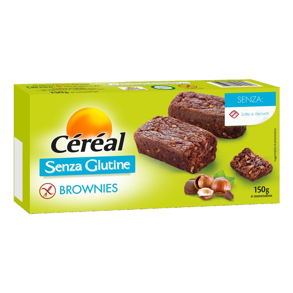 Scatola verde di Céréal Brownies senza glutine. Rappresentati due brownies e nocciole. Scritta: Senza Glutine.