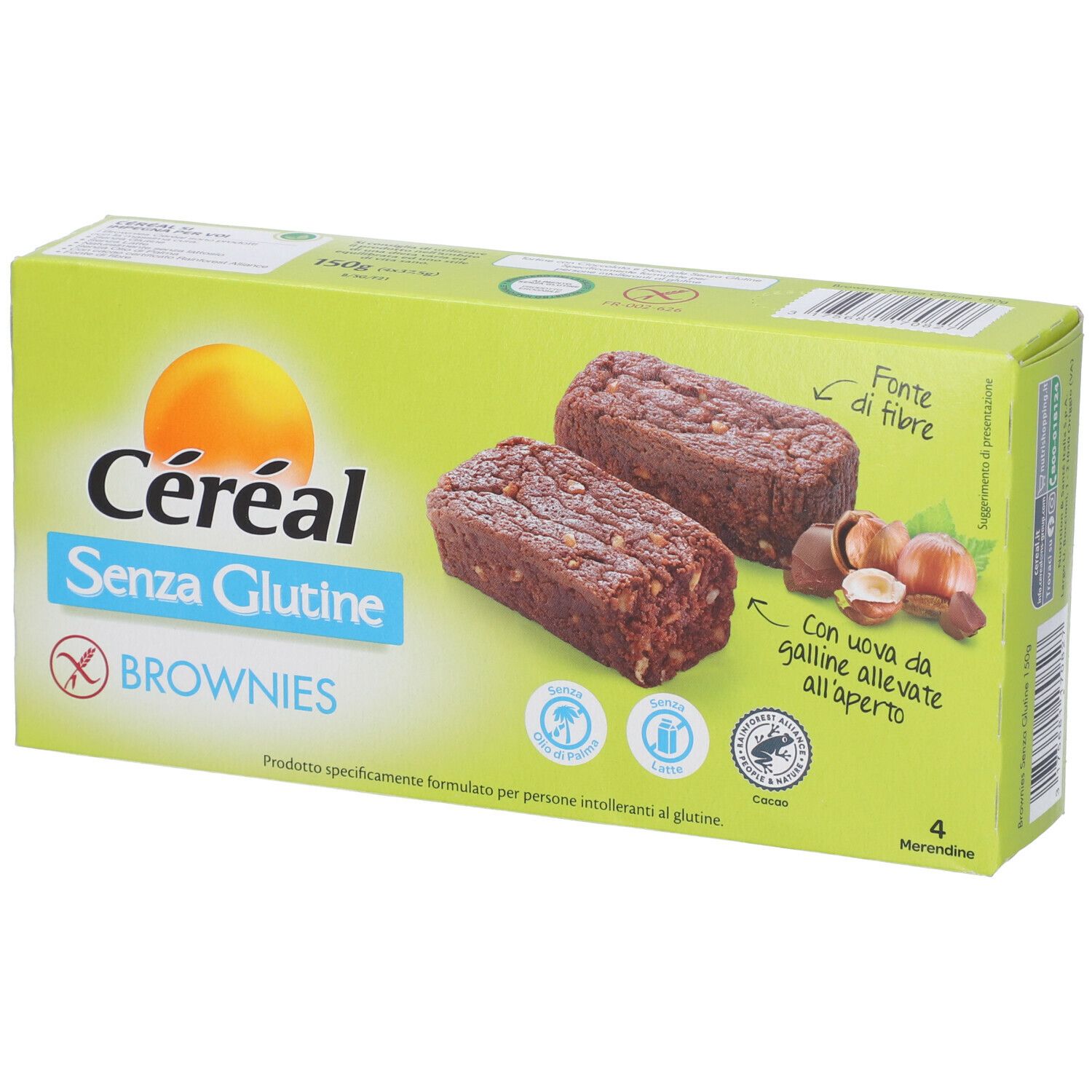 Scatola verde di Céréal Brownies senza glutine. Due brownies, nocciole e testo: Senza Glutine, Fonte di fibre, Con uova da galline all'aperto.