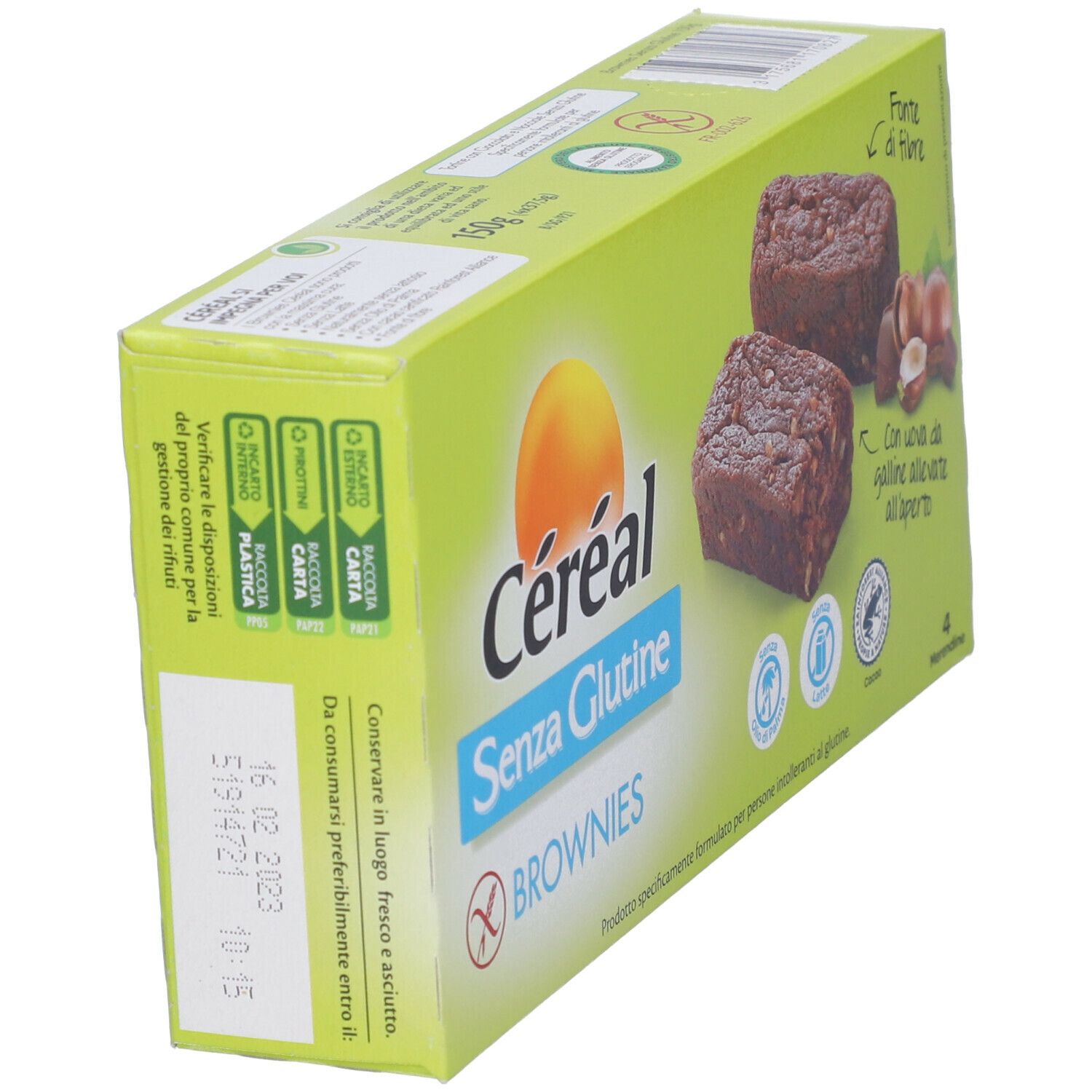 Scatola verde di Céréal Brownies senza glutine. Due brownies, nocciole e testo: Senza Glutine, Fonte di fibre, Con uova da galline all'aperto.