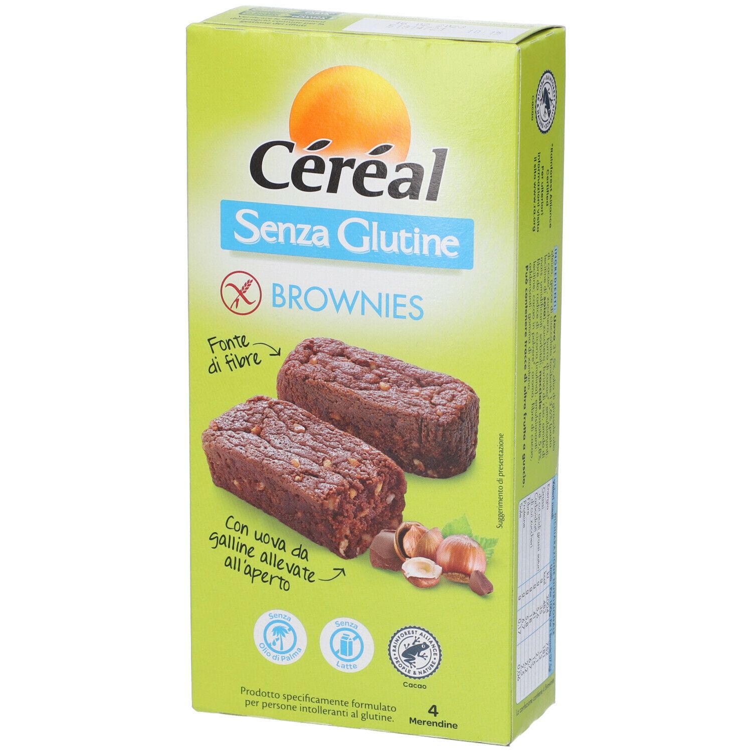 Scatola verde di Céréal Brownies senza glutine. Due brownies, nocciole e testo: Senza Glutine, Fonte di fibre, Con uova da galline all'aperto.