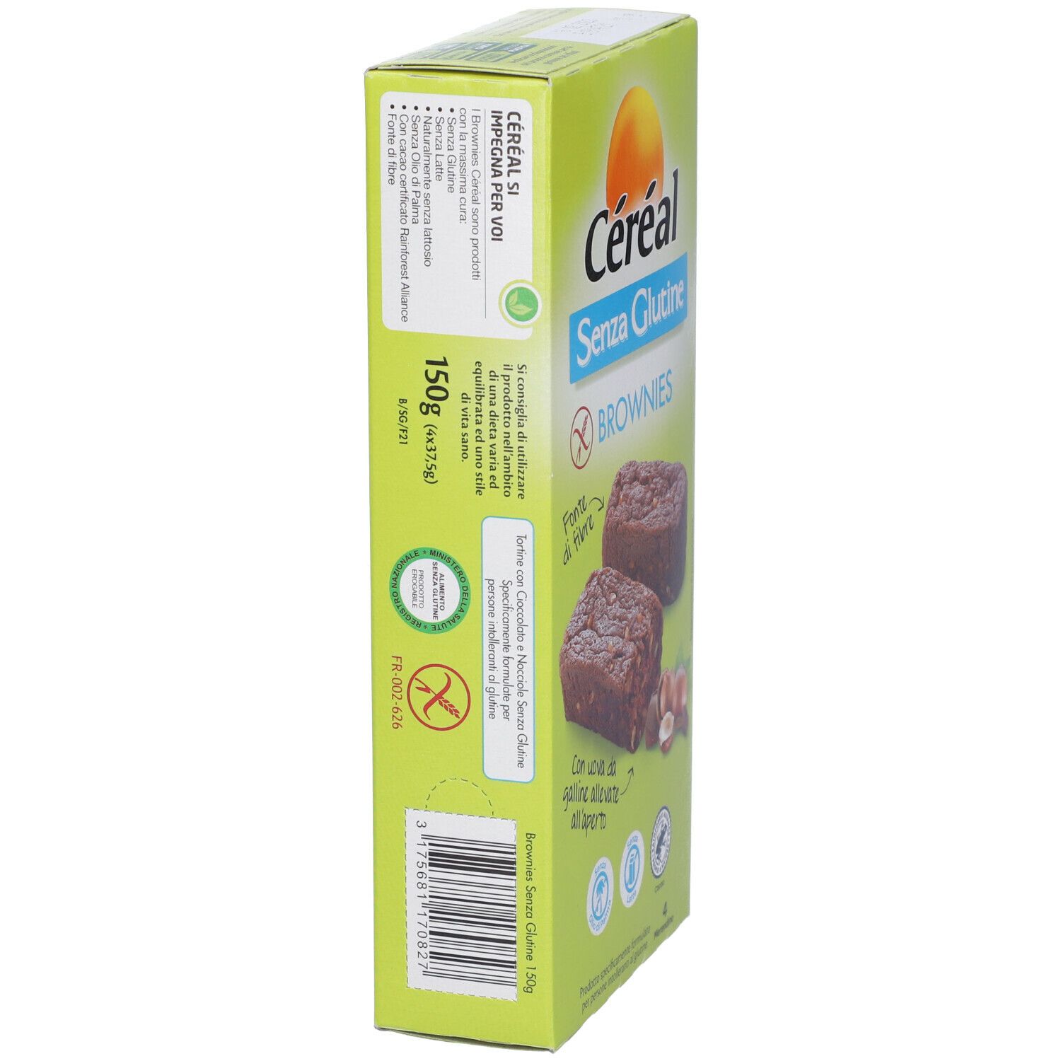 Scatola verde di Céréal Brownies senza glutine. Due brownies, nocciole e testo: Senza Glutine, Fonte di fibre, Con uova da galline all'aperto.
