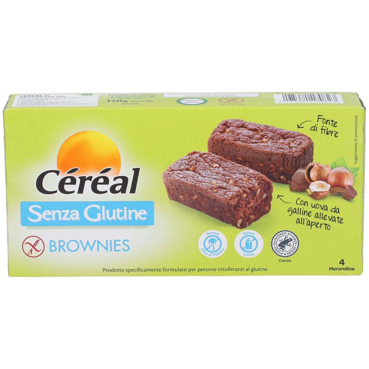 Scatola verde di Céréal Brownies senza glutine. Due brownies, nocciole e testo: Senza Glutine, Fonte di fibre, Con uova da galline all'aperto.