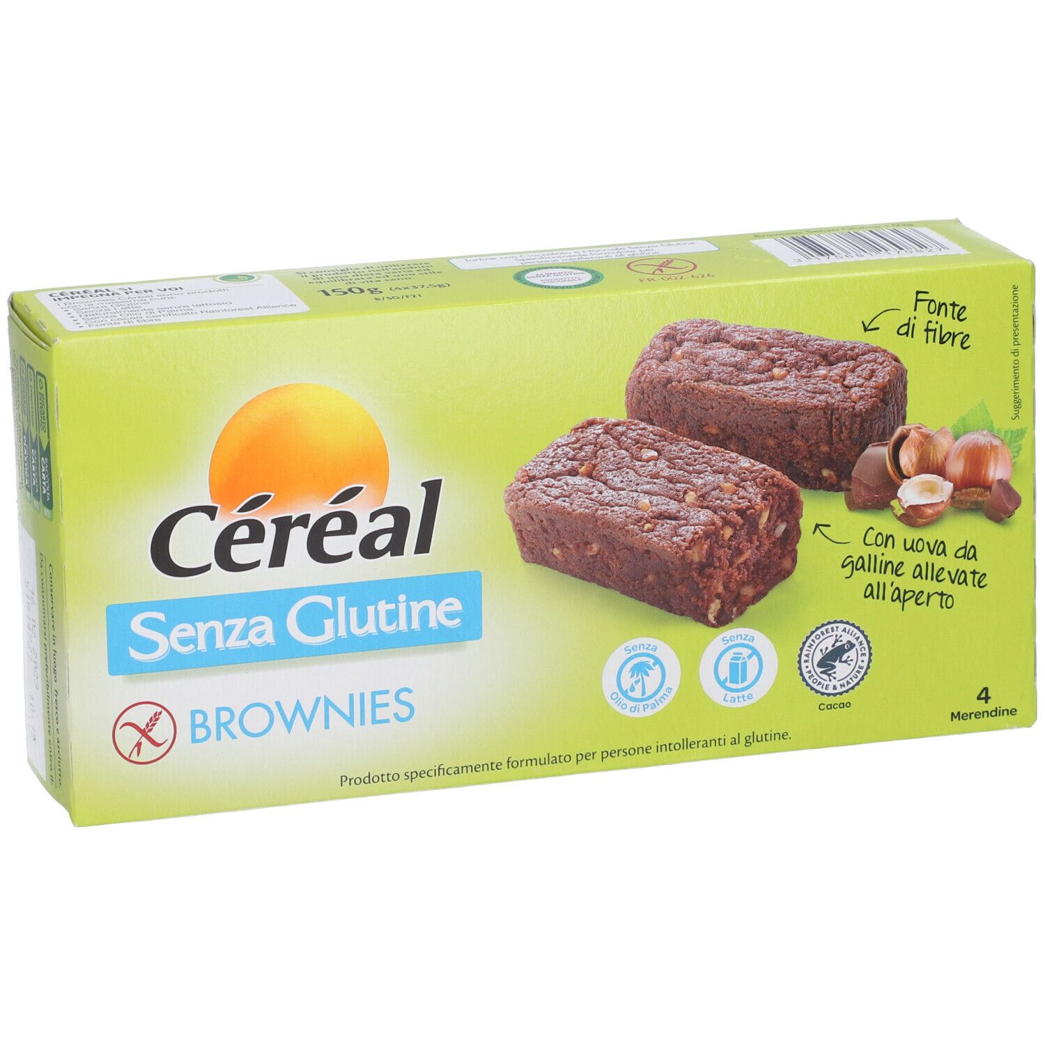 Scatola verde di Céréal Brownies senza glutine. Due brownies, nocciole e testo: Senza Glutine, Fonte di fibre, Con uova da galline all'aperto.