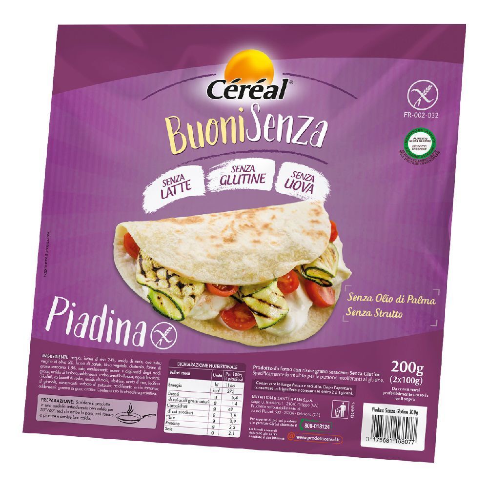 Confezione di piadina. Scritta: Céréal Buoni Senza, senza latte, glutine e uova. Sigillo senza glutine. 200g.