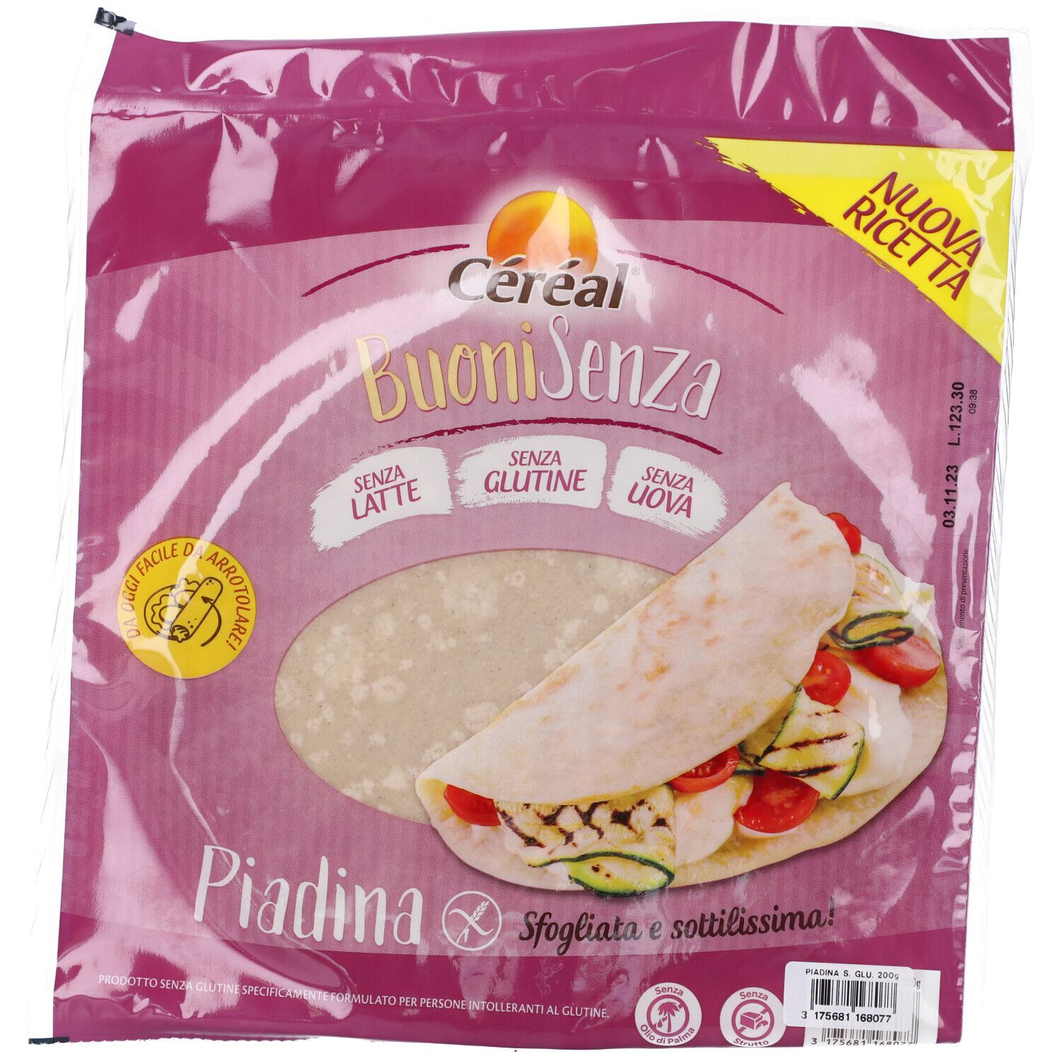 Confezione di piadina. Scritta: Céréal Buoni Senza, senza latte, glutine e uova. Nuova ricetta. Senza glutine.