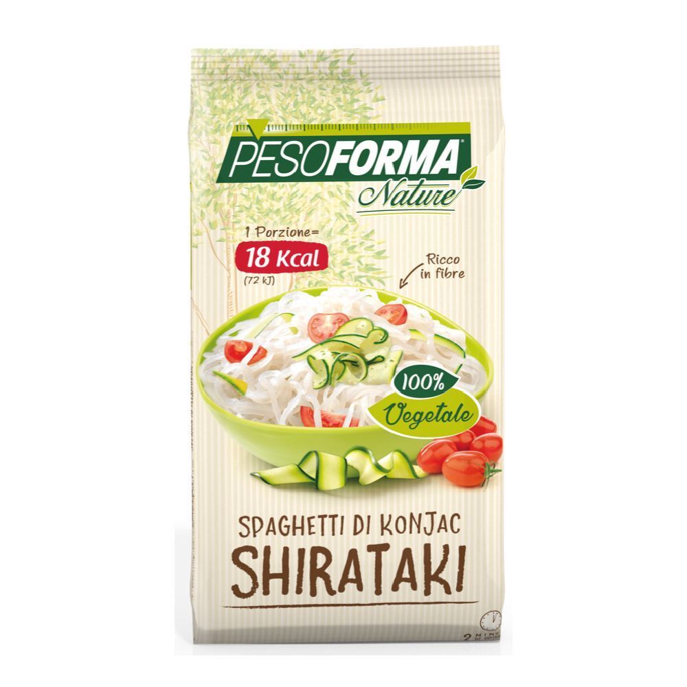 Confezione di PESOFORMA Nature Spaghetti di Konjac Shirataki. Immagine di pasta con verdure. 1 porzione: 18 Kcal.