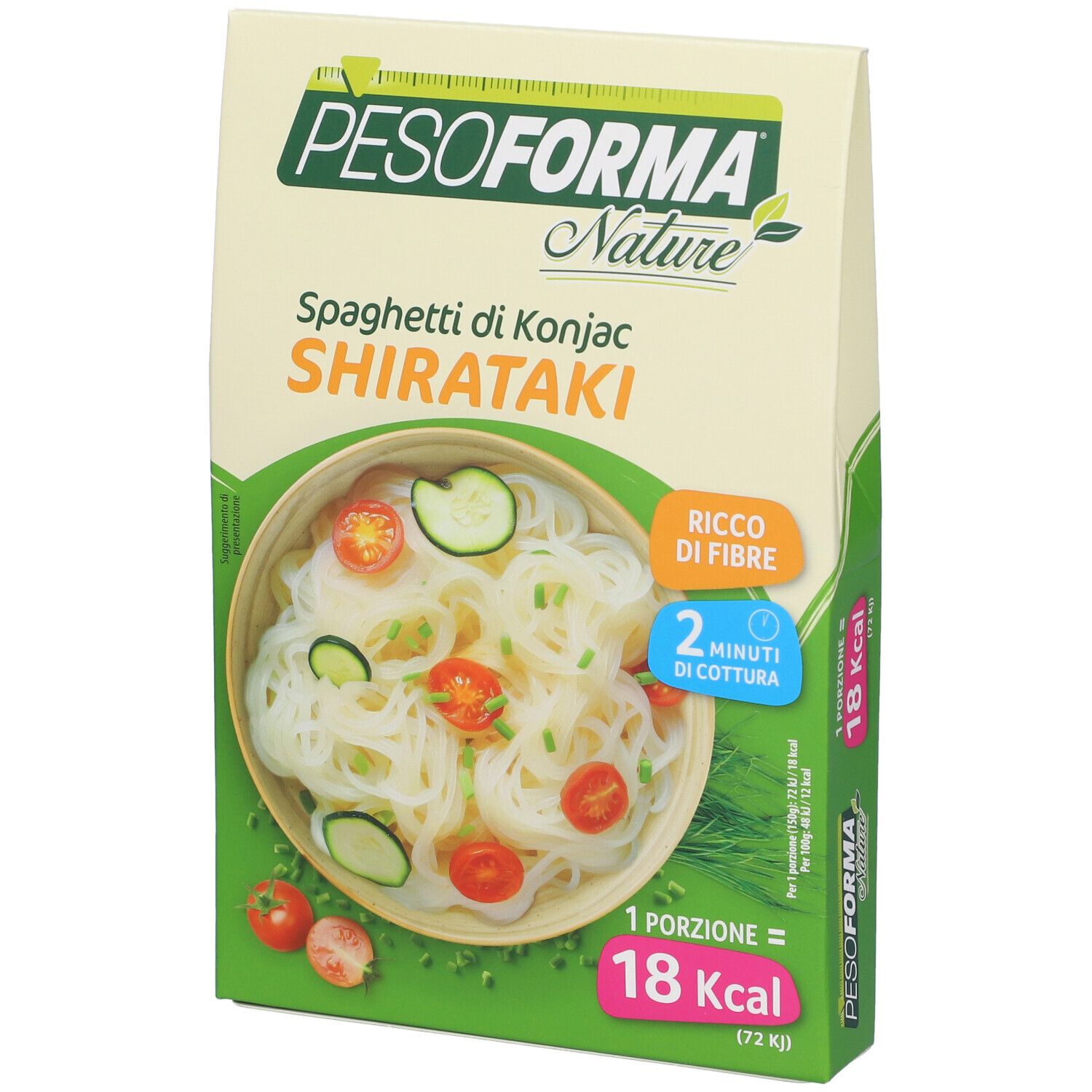 Scatola di PESOFORMA Nature Spaghetti di Konjac Shirataki. Immagine di pasta con verdure. 1 porzione: 18 Kcal.