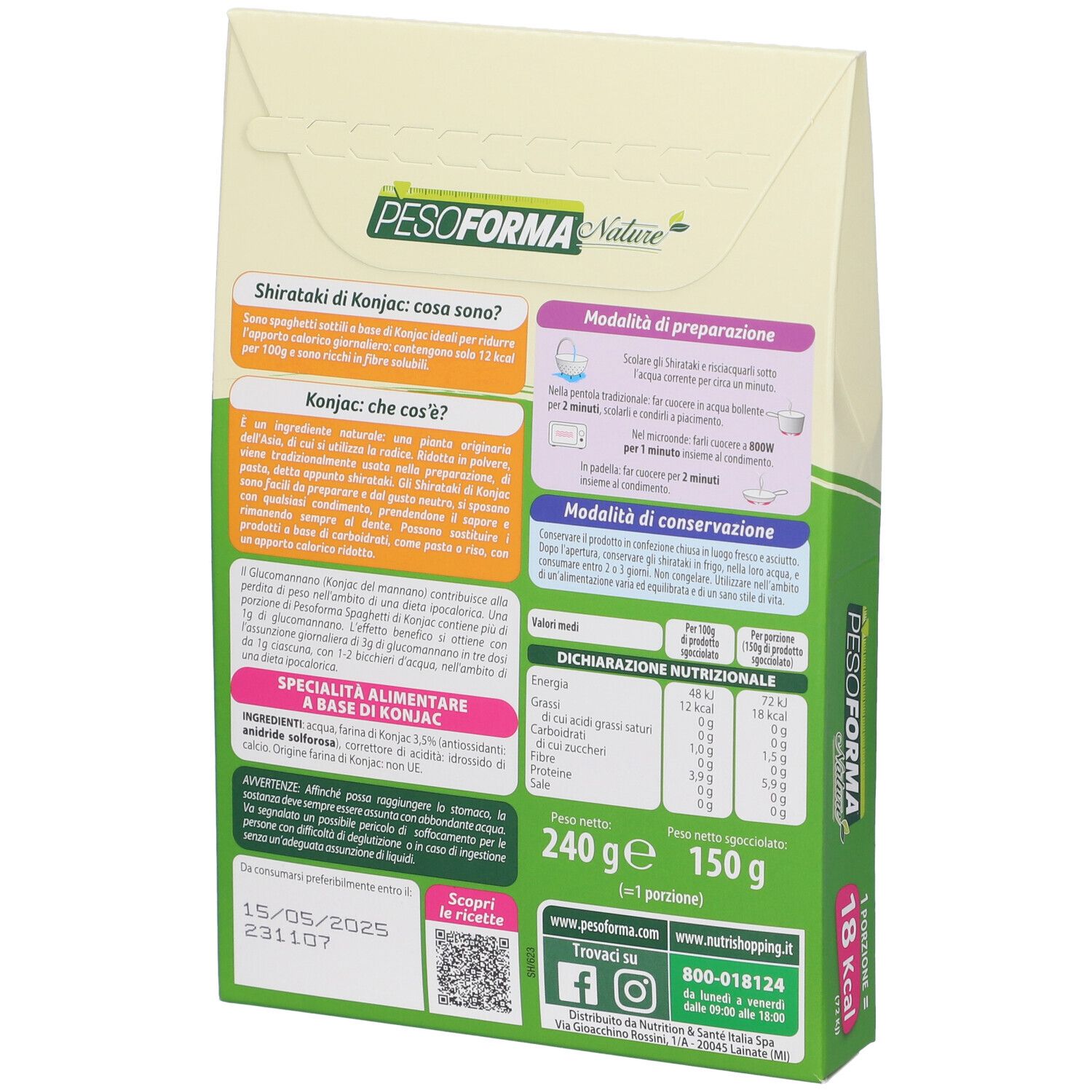 Retro della confezione di PESOFORMA Nature Spaghetti di Konjac Shirataki. Informazioni testuali, valori nutrizionali, codice QR.