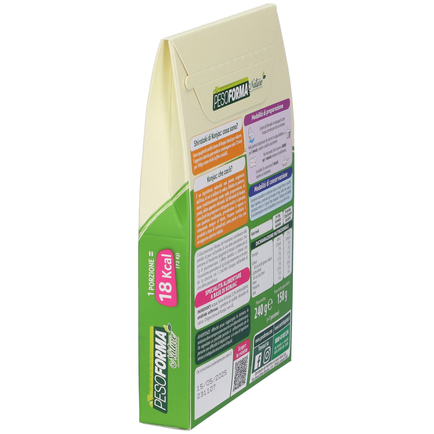 Confezione inclinata di PESOFORMA Nature Spaghetti di Konjac Shirataki. Retro con testo e valori nutrizionali.