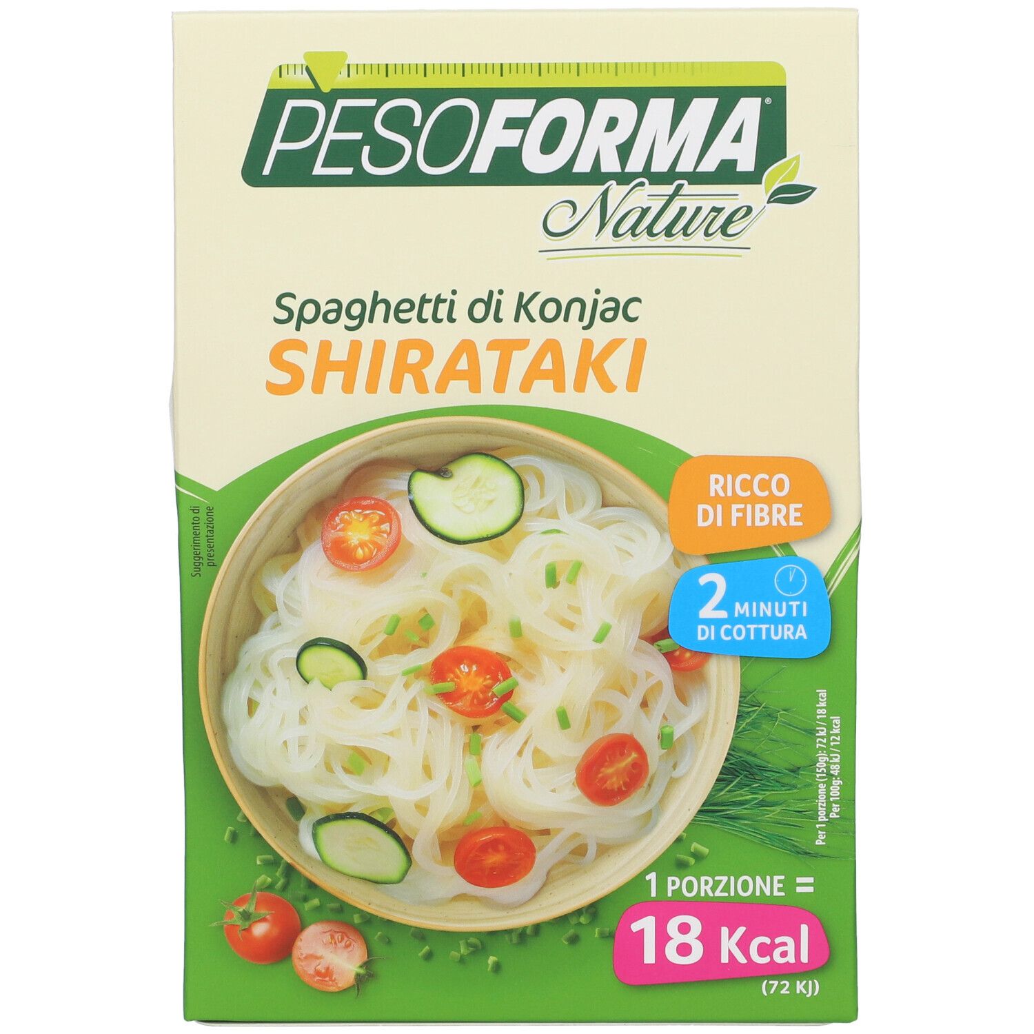 Scatola di PESOFORMA Nature Spaghetti di Konjac Shirataki. Immagine di pasta con verdure. 1 porzione: 18 Kcal.